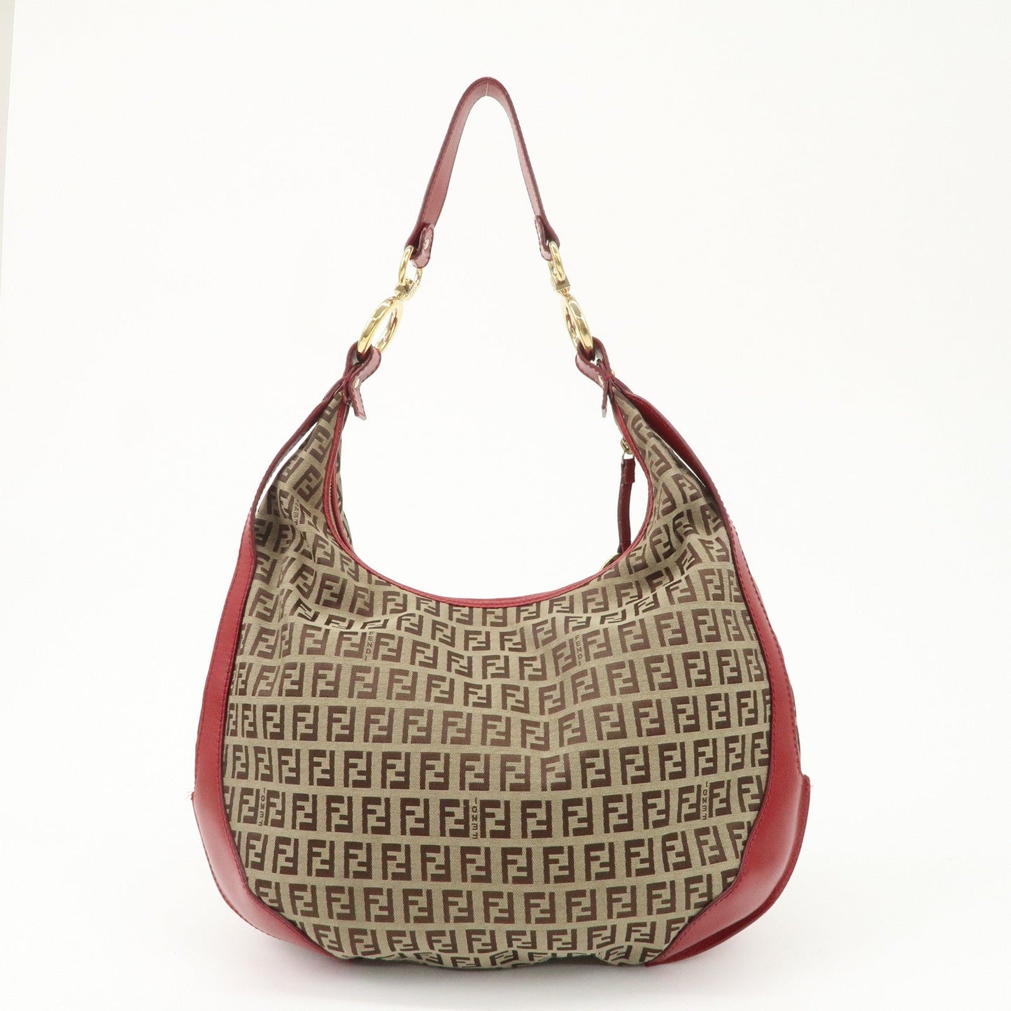 FENDI Zucchino Canvas Leather Shoulder Bag Khaki Brown Red 8BR465  d