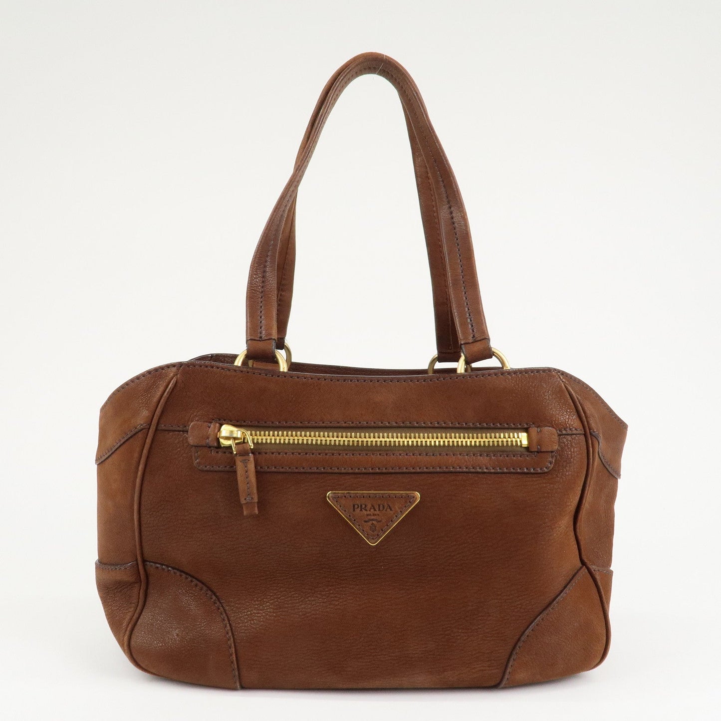 PRADA Triangle Logo Leather Tote Bag Brown Gold Hardware  d