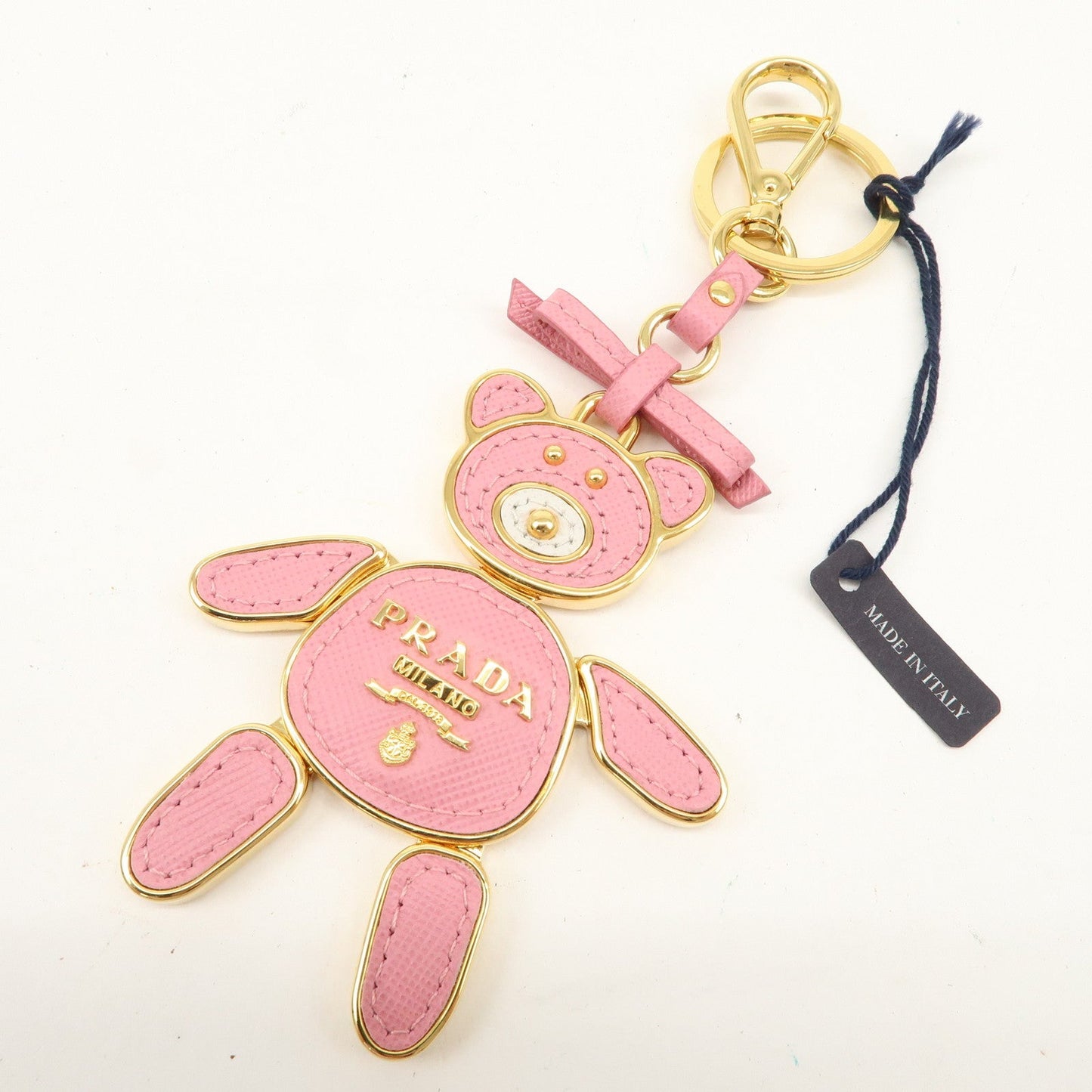 PRADA Saffiano Leather Metal Bear Bag Charm Key Chain Pink  d