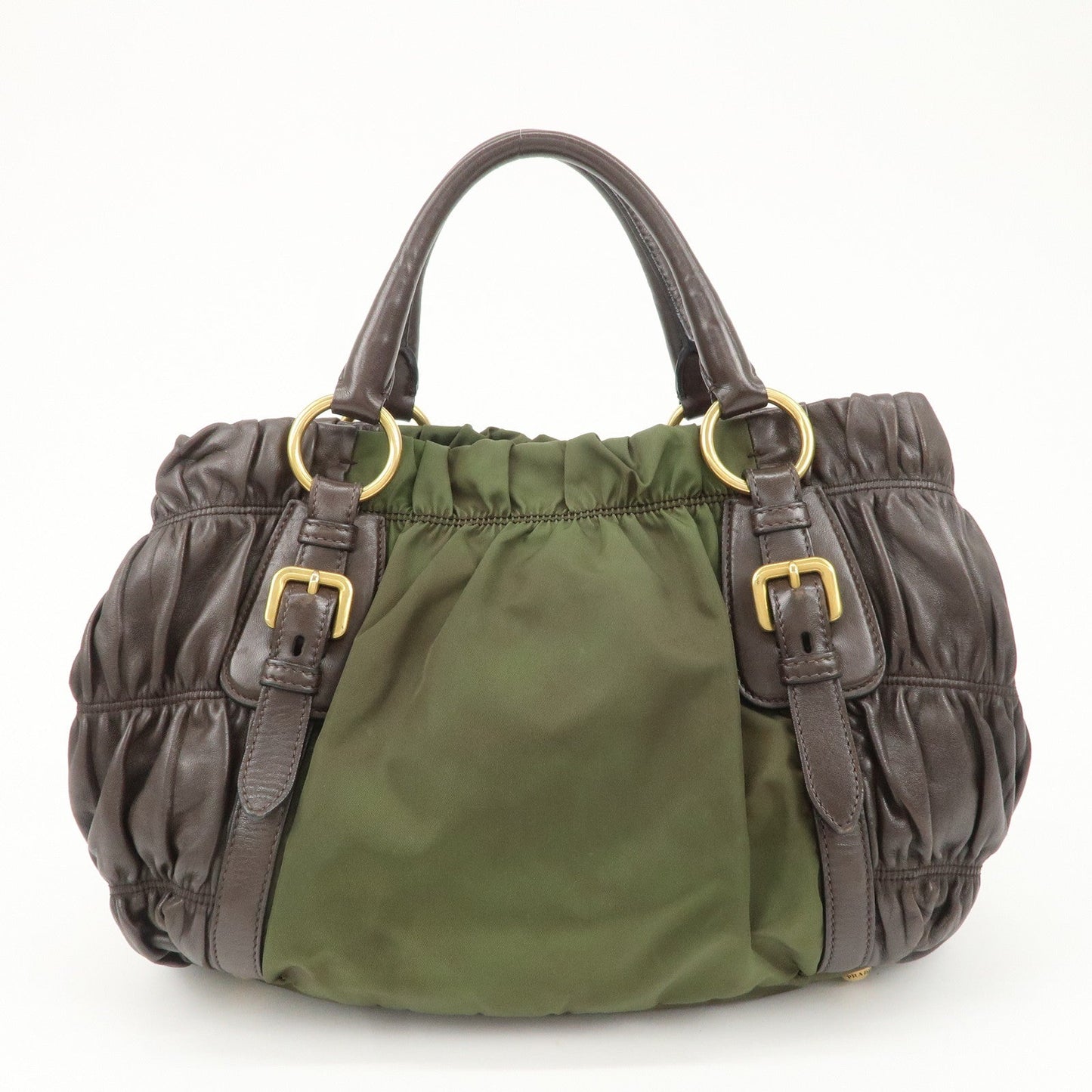 PRADA Nylon Leather Gathered Hand Bag Green Brown BN1793  d