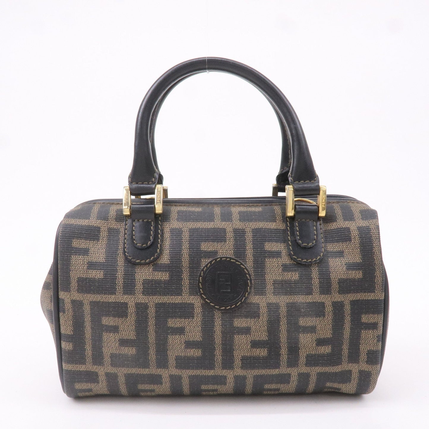 FENDI PVC Leather Boston Bag Hand Bag Khaki Black 45970