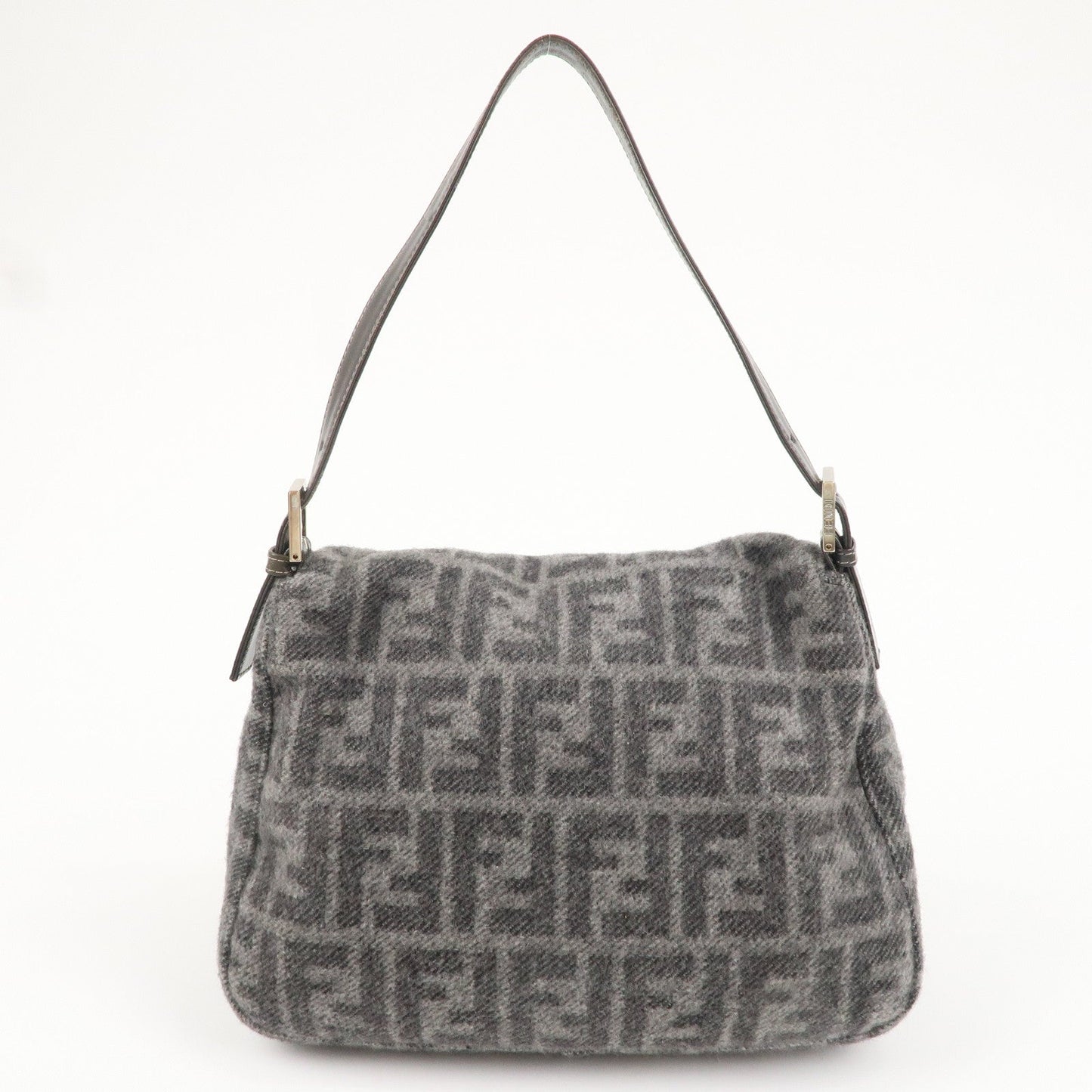 FENDI Zucca Mamma Baguette Wool Leather Shoulder Bag Gray 26325