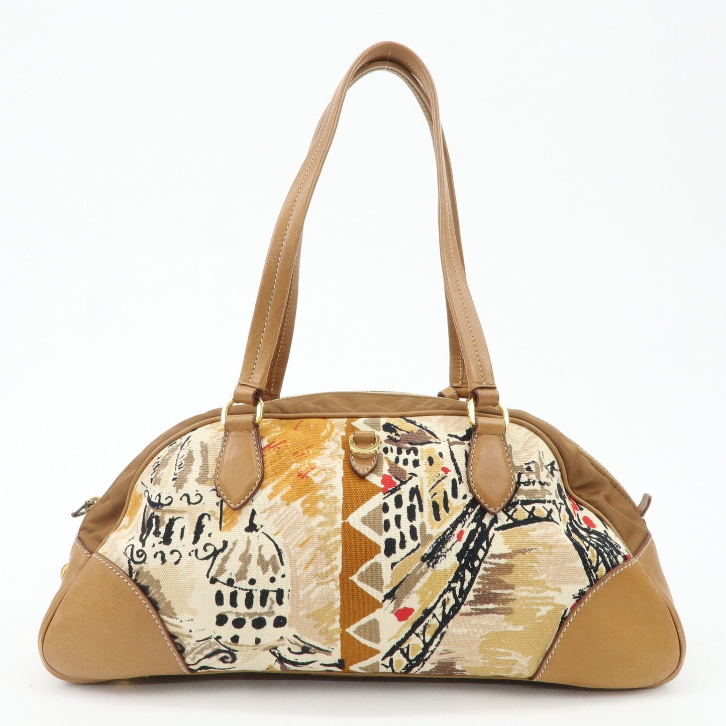 PRADA Logo Canvas Leather Nylon Shoulder Bag Boston Bag Brown  d