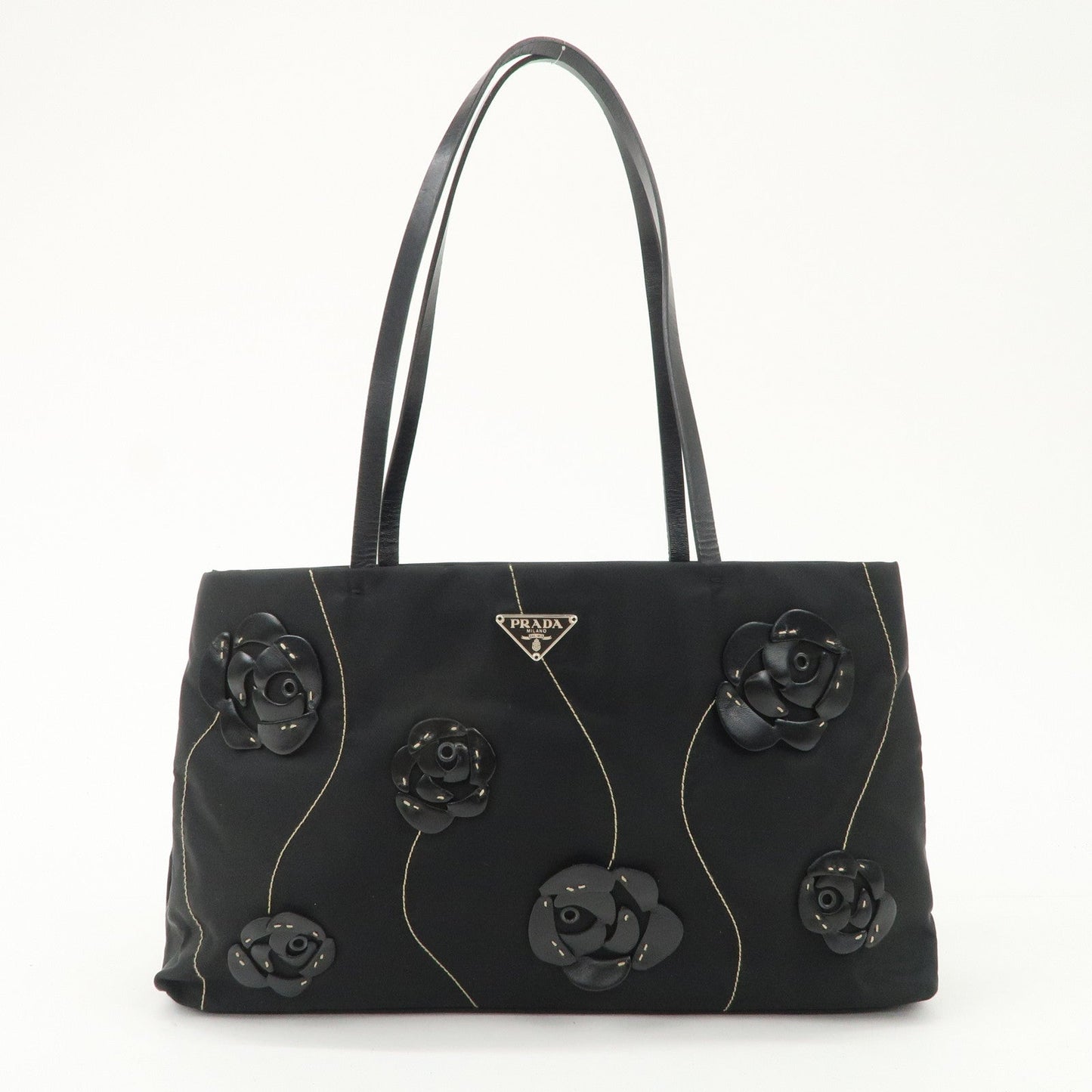 PRADA Traiangle Logo Nylon Leather Flower Tote Bag Black B11033  d