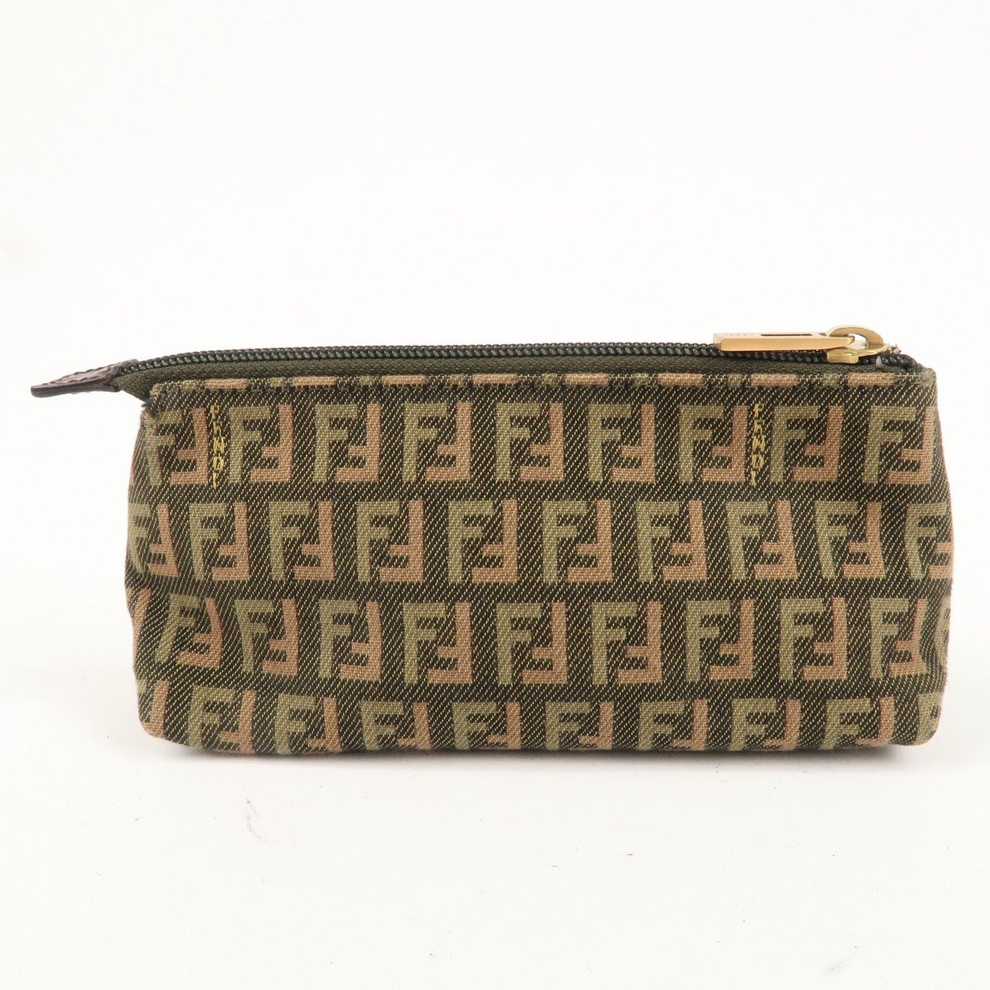 FENDI Zucchino Canvas Leather Cosmetic Pouch Khaki 7N0037
