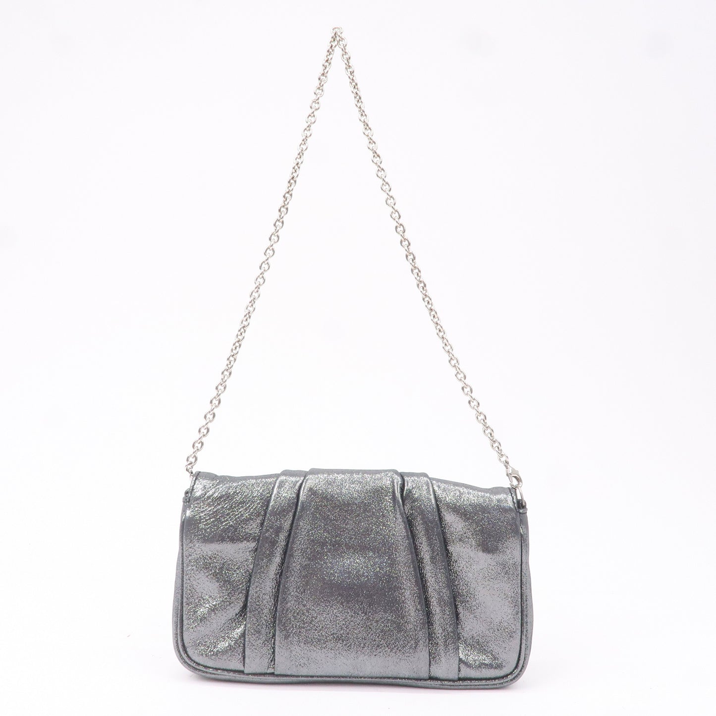 FENDI Satin Canvas Metallic Mia Chain Shoulder Bag Silver 8BP046