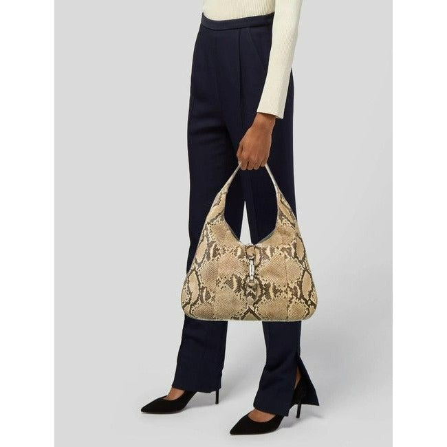 - Gucci New Jackie Xl Leather With Piston Lock Shades Of Brown Python Hobo Bag