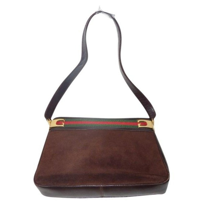 Gucci   Brown Suede And Leather With Red And Green Striped Top Hobo Bag