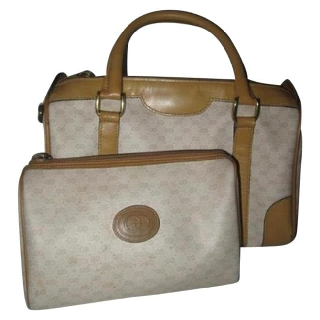 Gucci   Camel Leather And Small G Logo Print On Ivory Coated Canvas