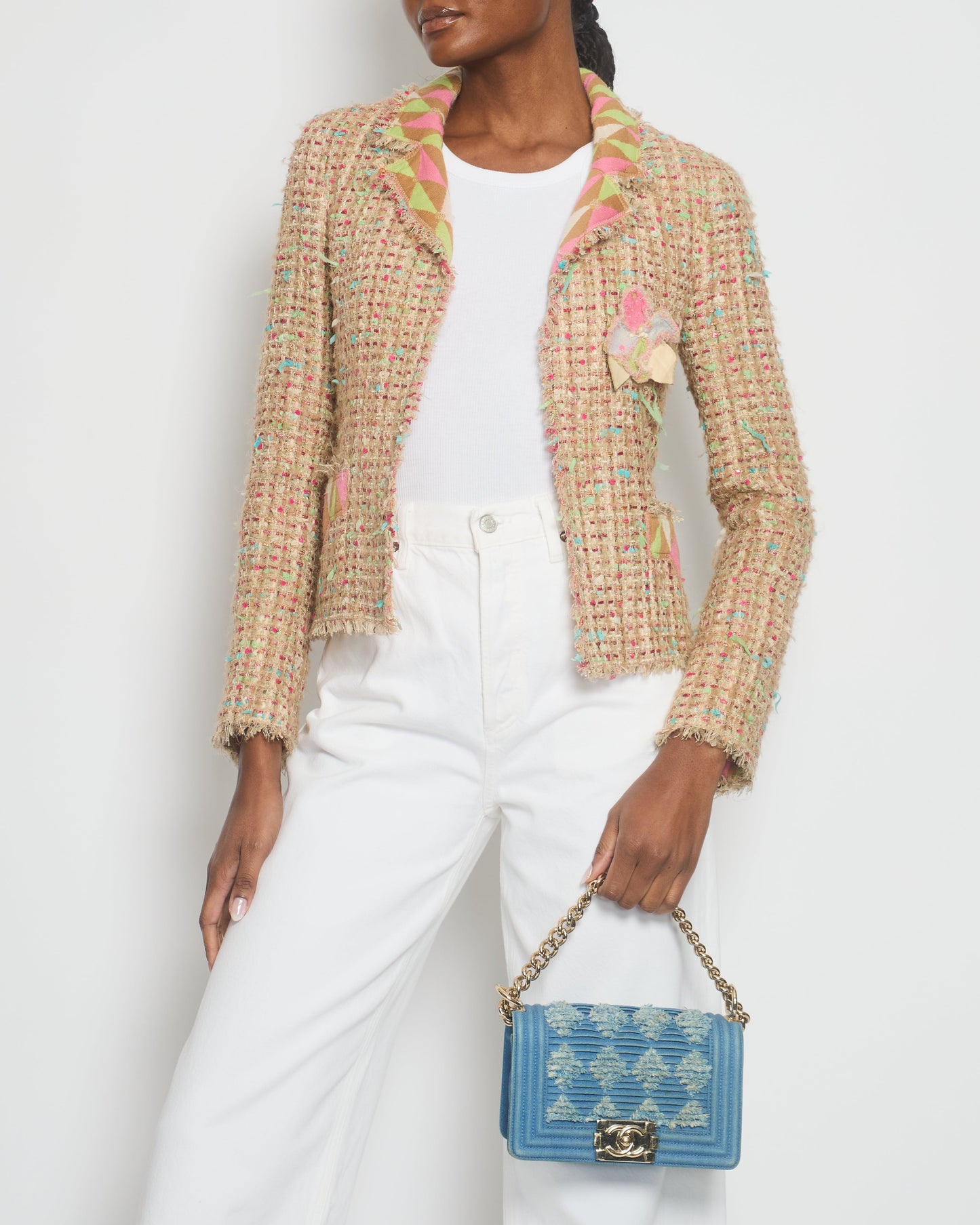 Chanel A/04 Pink, Cream Tweed Jacket with Sequin & Camelia Flower Pin Detail Size FR 36 (UK 8)