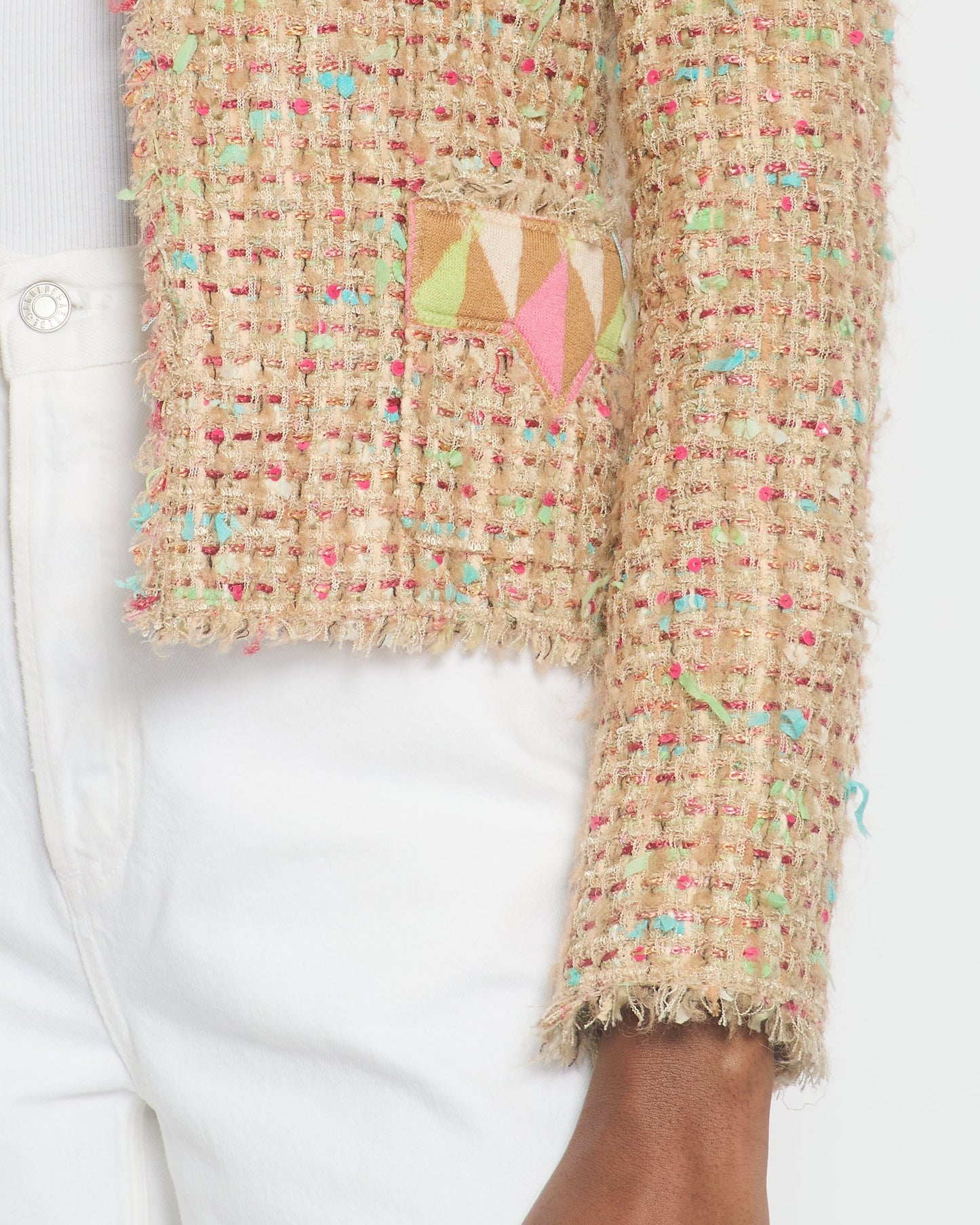Chanel A/04 Pink, Cream Tweed Jacket with Sequin & Camelia Flower Pin Detail Size FR 36 (UK 8)