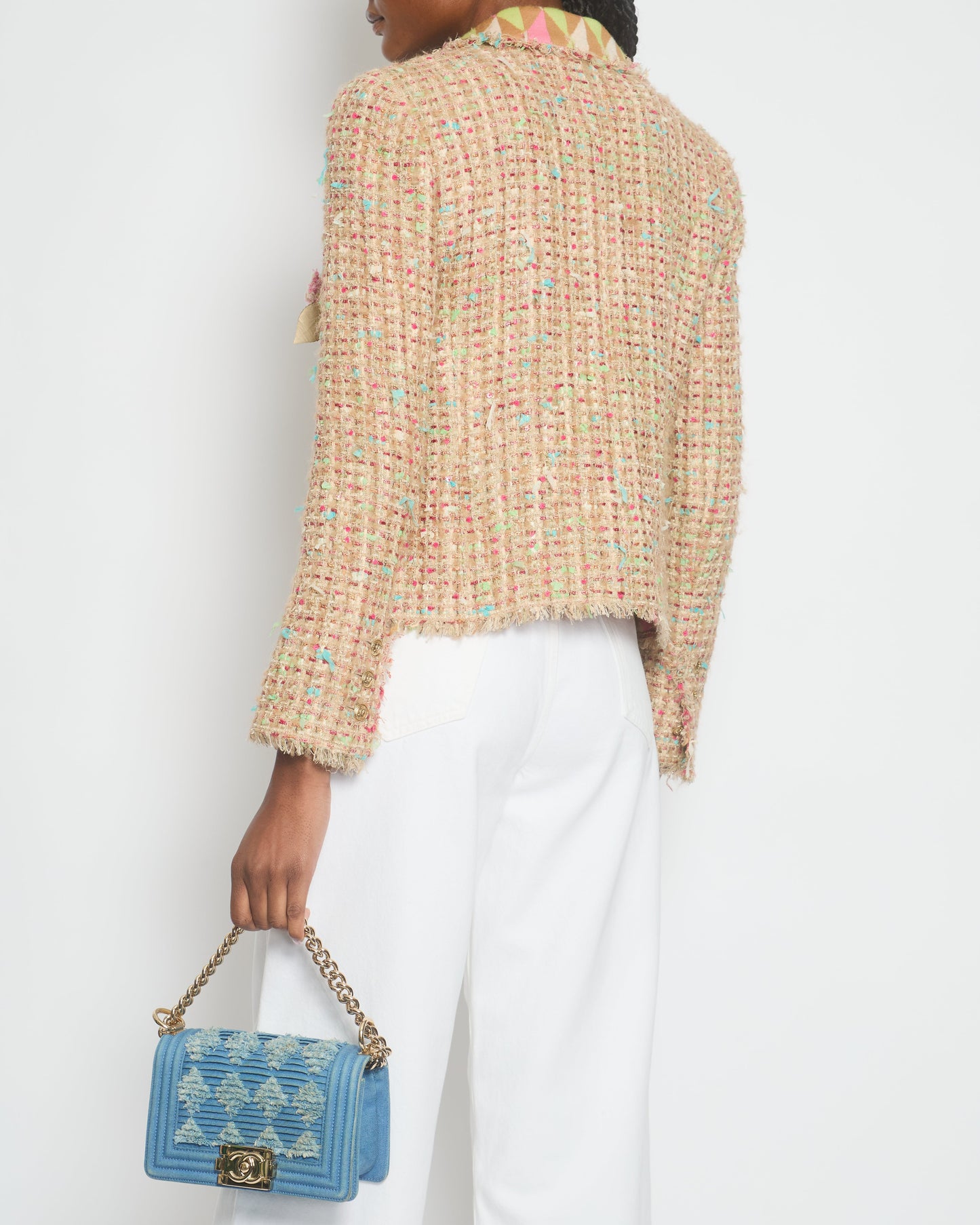 Chanel A/04 Pink, Cream Tweed Jacket with Sequin & Camelia Flower Pin Detail Size FR 36 (UK 8)