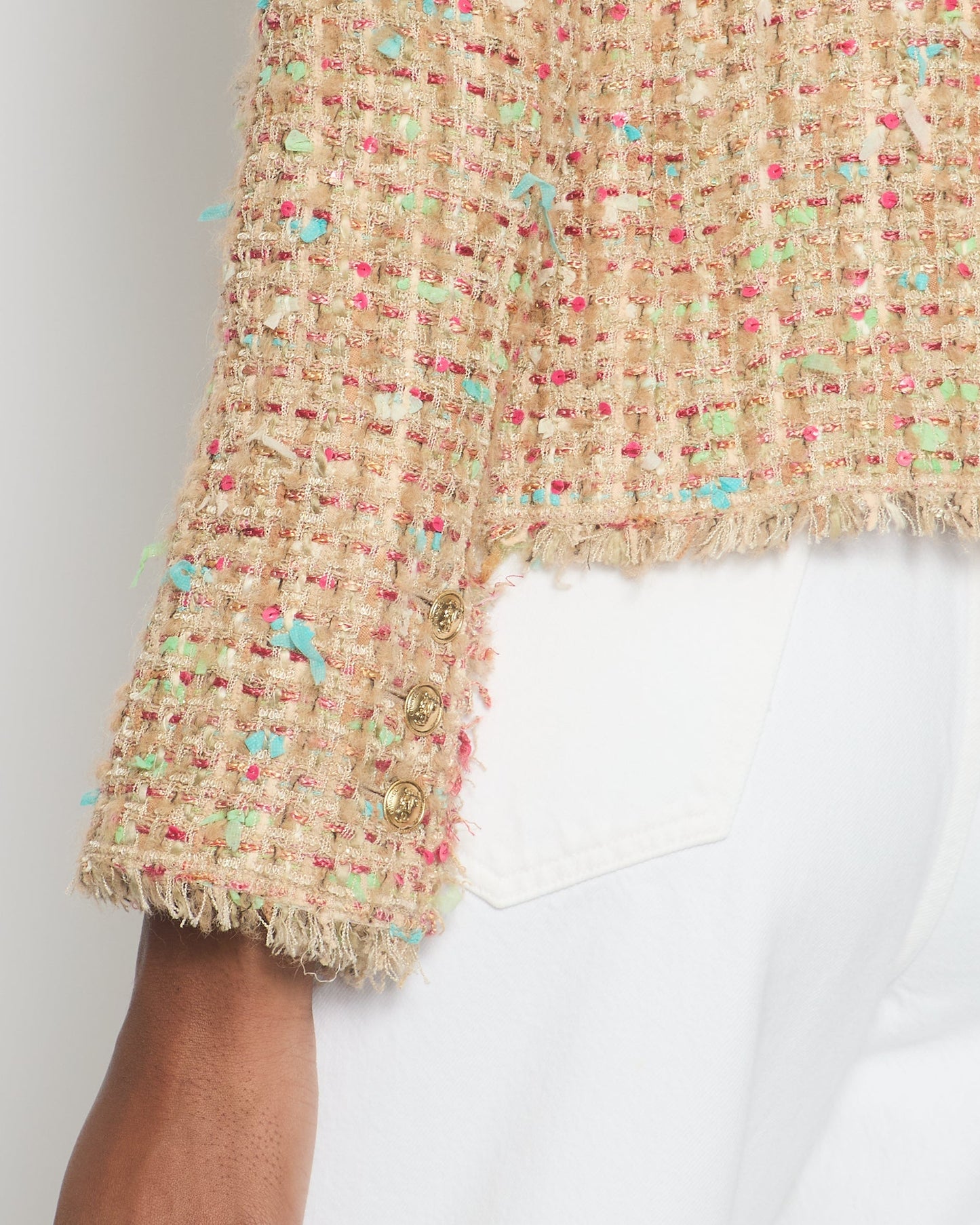 Chanel A/04 Pink, Cream Tweed Jacket with Sequin & Camelia Flower Pin Detail Size FR 36 (UK 8)