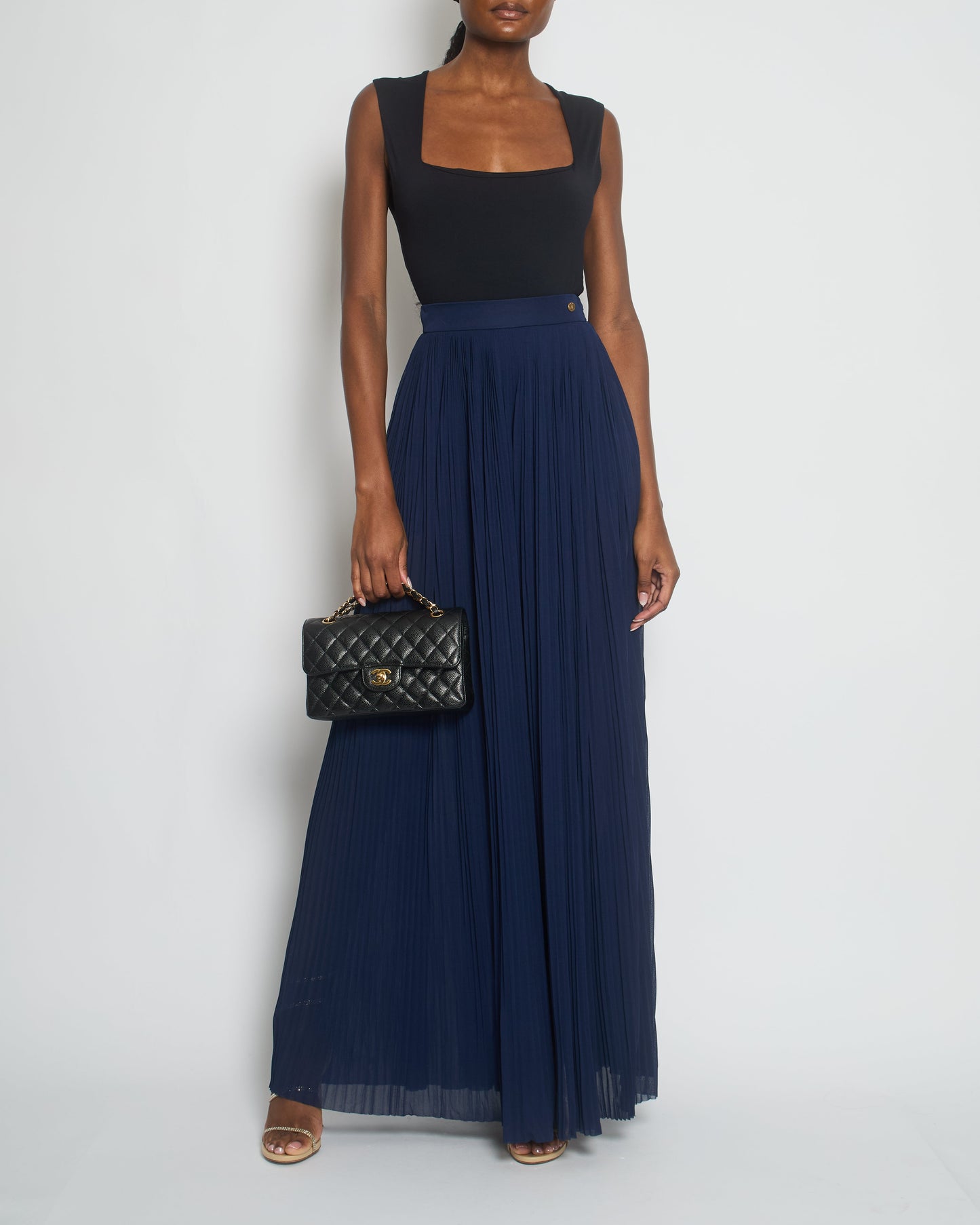 Chanel Navy Pleated High-Waist Tro rs with CC Button Detail Size FR 34 (UK 6)