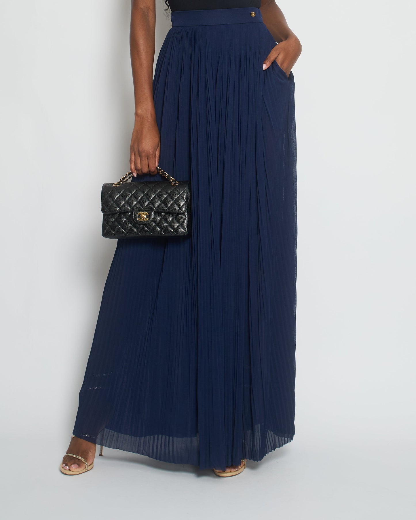 Chanel Navy Pleated High-Waist Tro rs with CC Button Detail Size FR 34 (UK 6)