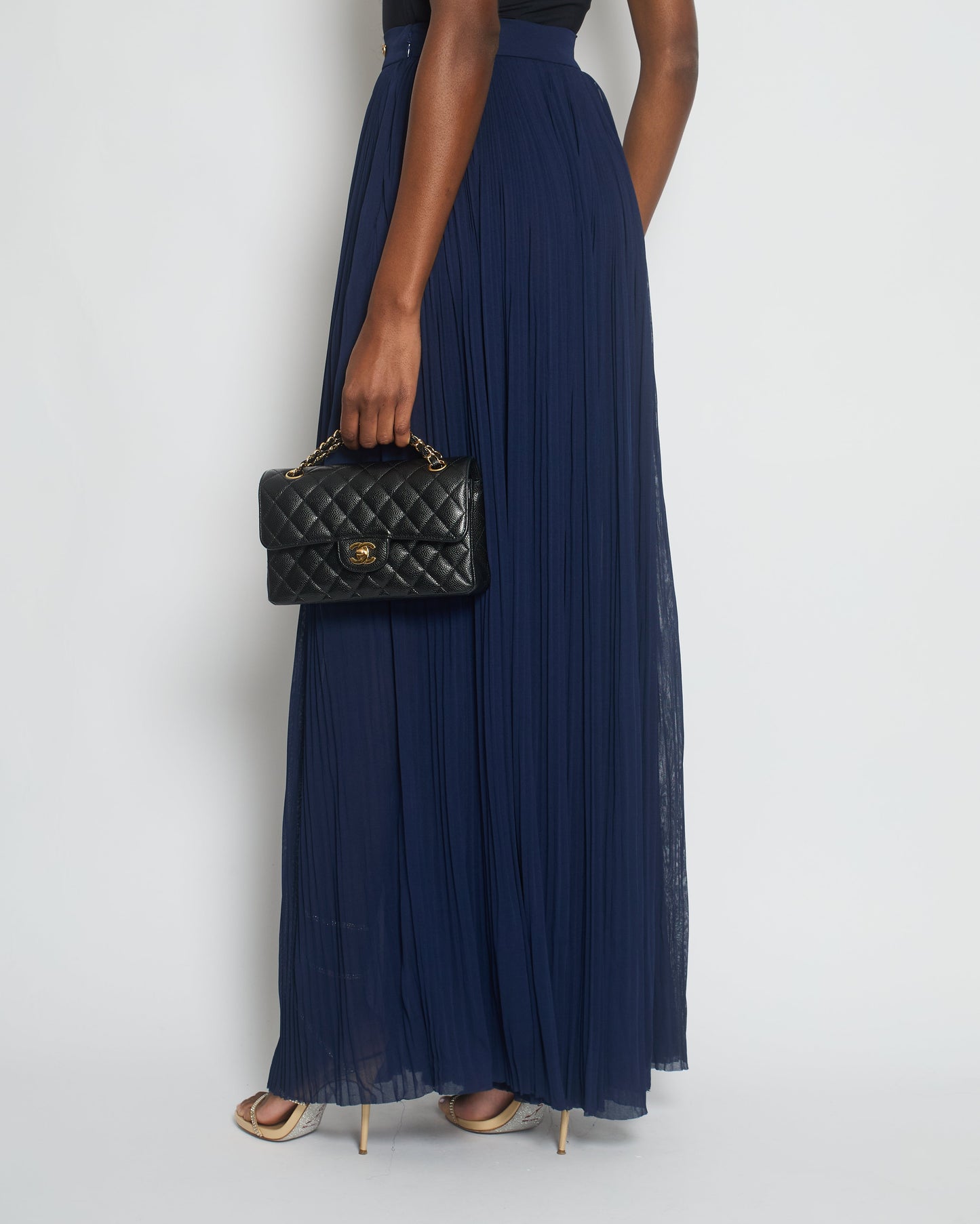 Chanel Navy Pleated High-Waist Tro rs with CC Button Detail Size FR 34 (UK 6)