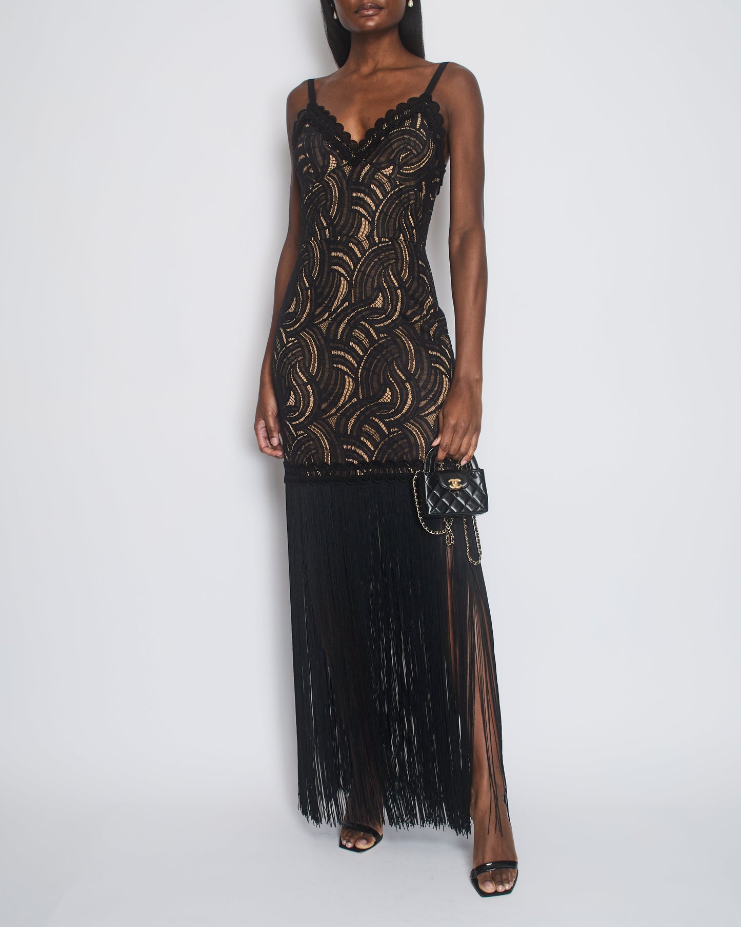 Elie Saab Black Strap Lace Maxi Dress with Fringe Trim Detail Size FR 40 (UK 12)