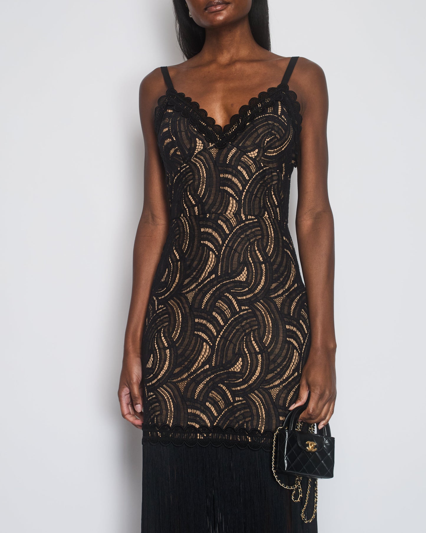 Elie Saab Black Strap Lace Maxi Dress with Fringe Trim Detail Size FR 40 (UK 12)