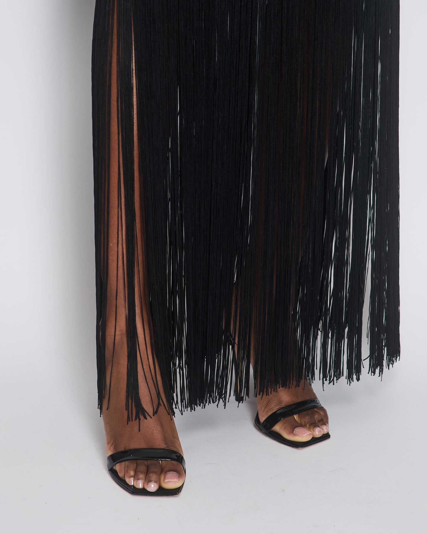 Elie Saab Black Strap Lace Maxi Dress with Fringe Trim Detail Size FR 40 (UK 12)
