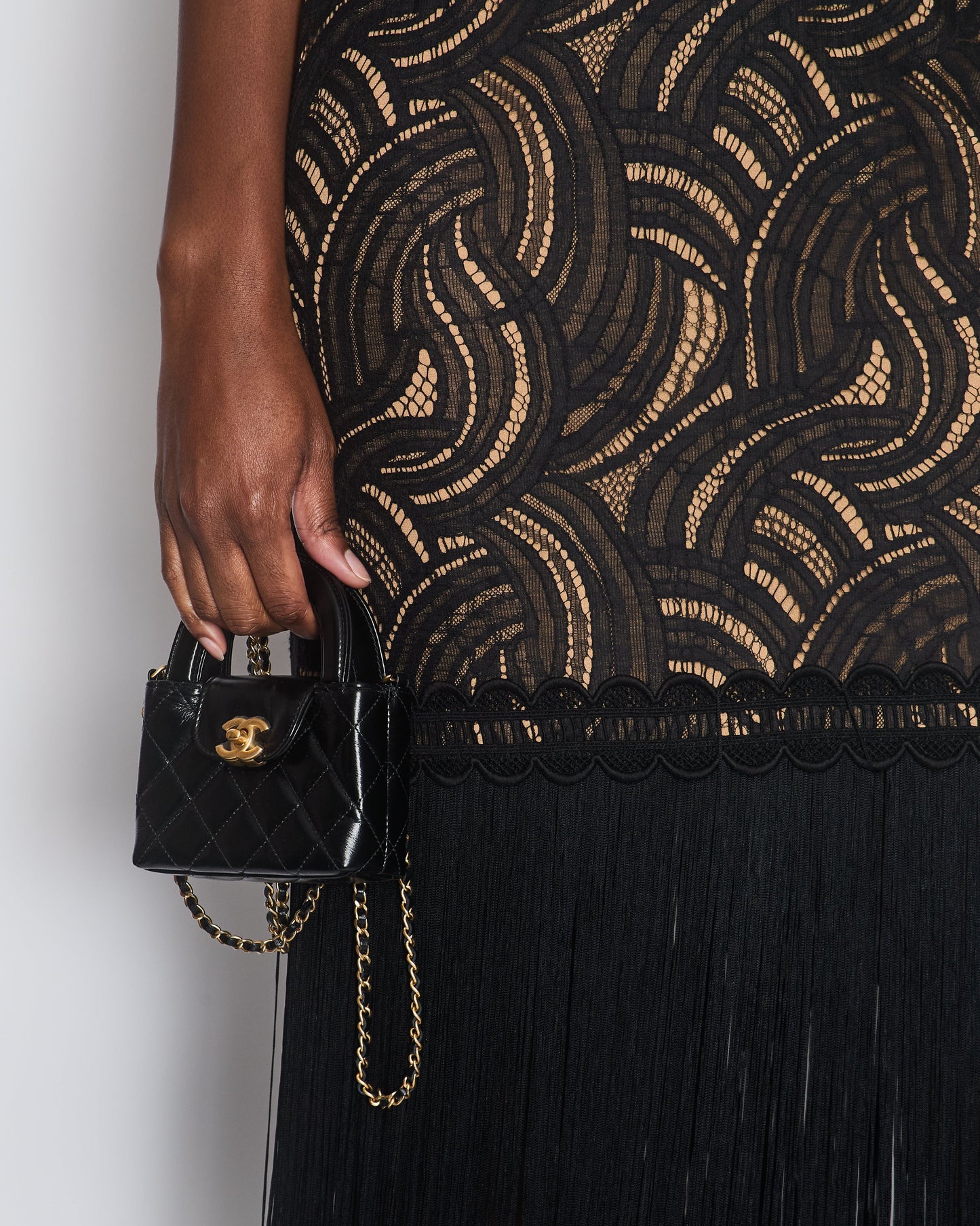 Elie Saab Black Strap Lace Maxi Dress with Fringe Trim Detail Size FR 40 (UK 12)