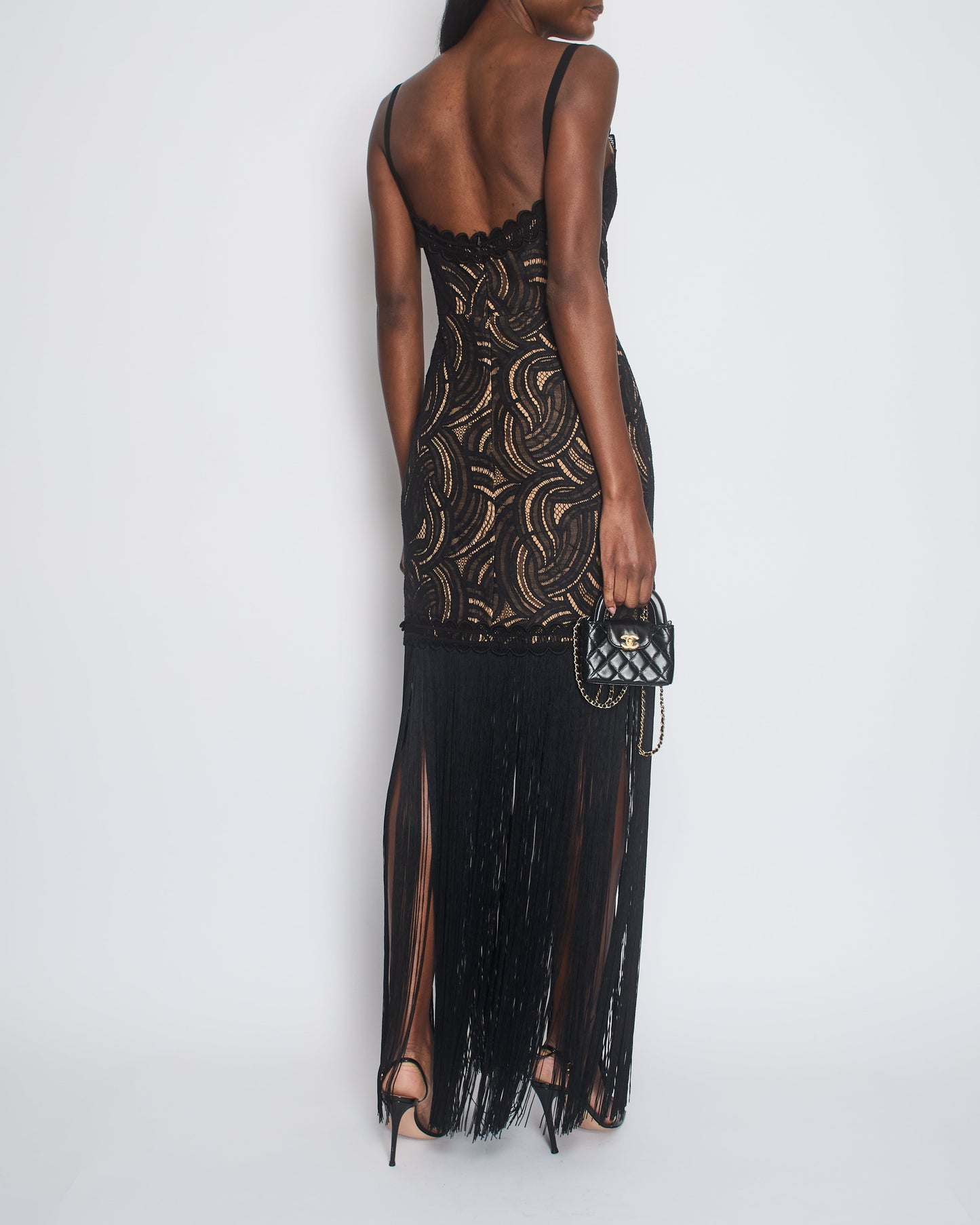 Elie Saab Black Strap Lace Maxi Dress with Fringe Trim Detail Size FR 40 (UK 12)