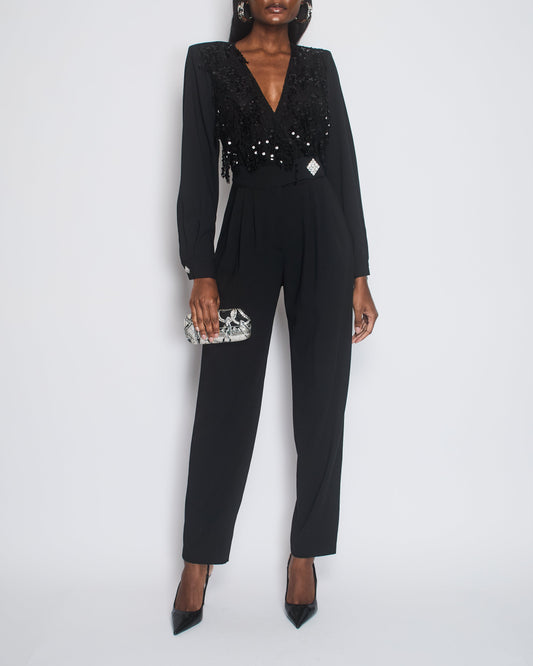 Alessandra Rich Black Long-Sleeve Jumpsuit With Shoulder Pads And Lace & Sequin Floral Details Size FR 38 (UK 10)