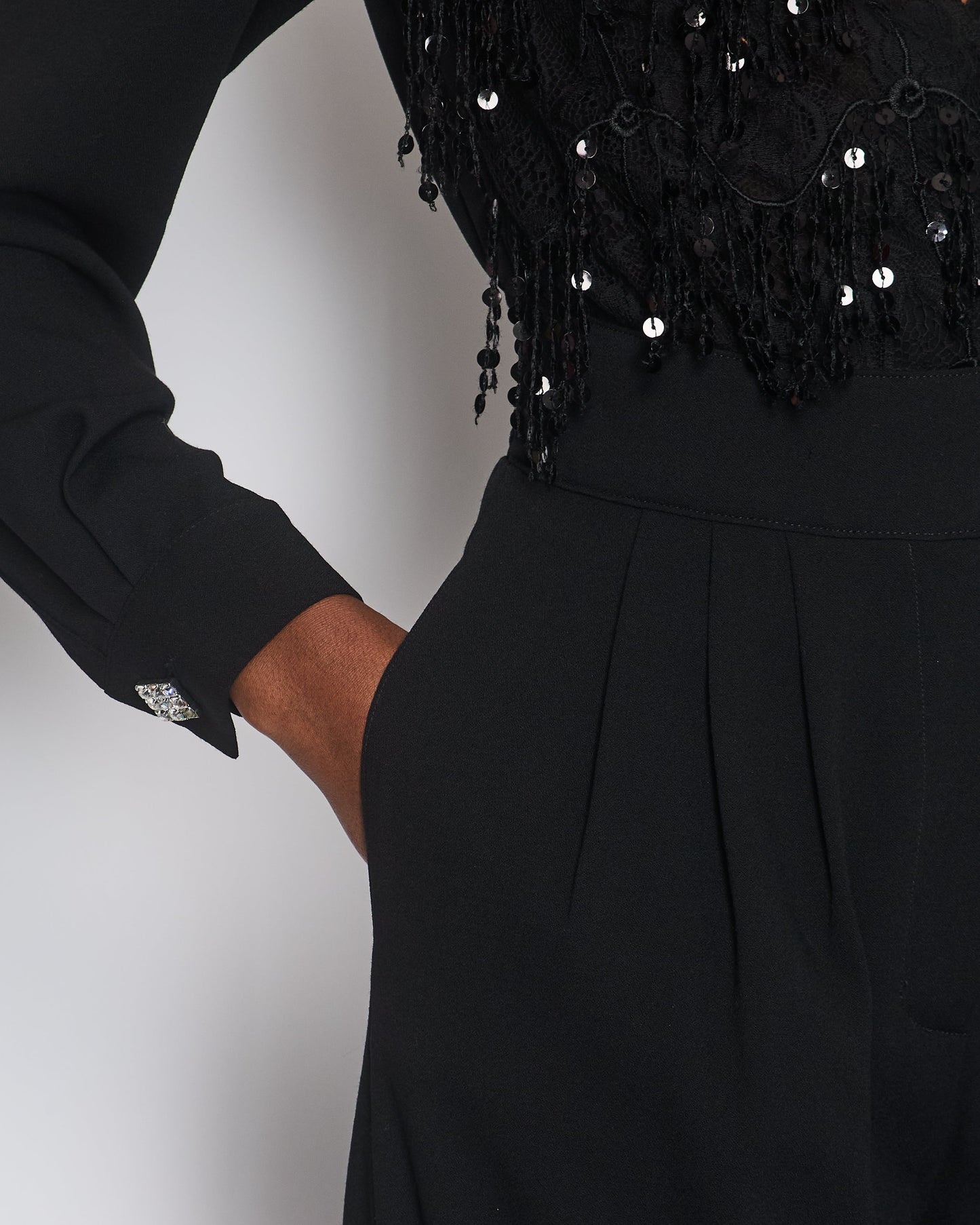 Alessandra Rich Black Long-Sleeve Jumpsuit With Shoulder Pads And Lace & Sequin Floral Details Size FR 38 (UK 10)