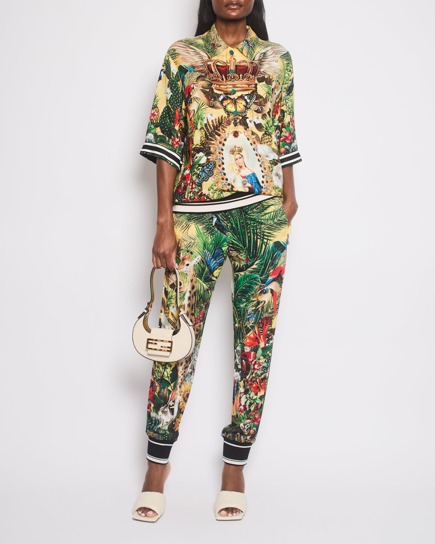 Dolce & Gabbana Yellow & Green Floral Print Shirt with Matching Tro rs Set Size IT 38/IT 46 (UK 6/14)