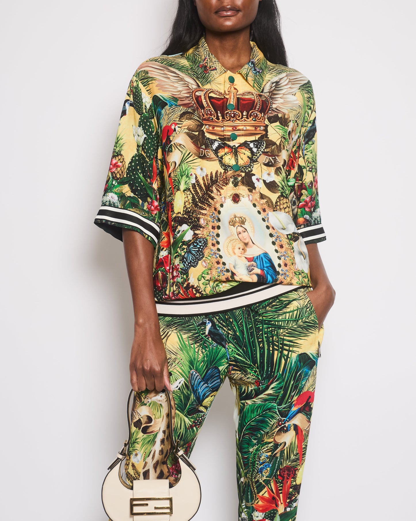 Dolce & Gabbana Yellow & Green Floral Print Shirt with Matching Tro rs Set Size IT 38/IT 46 (UK 6/14)
