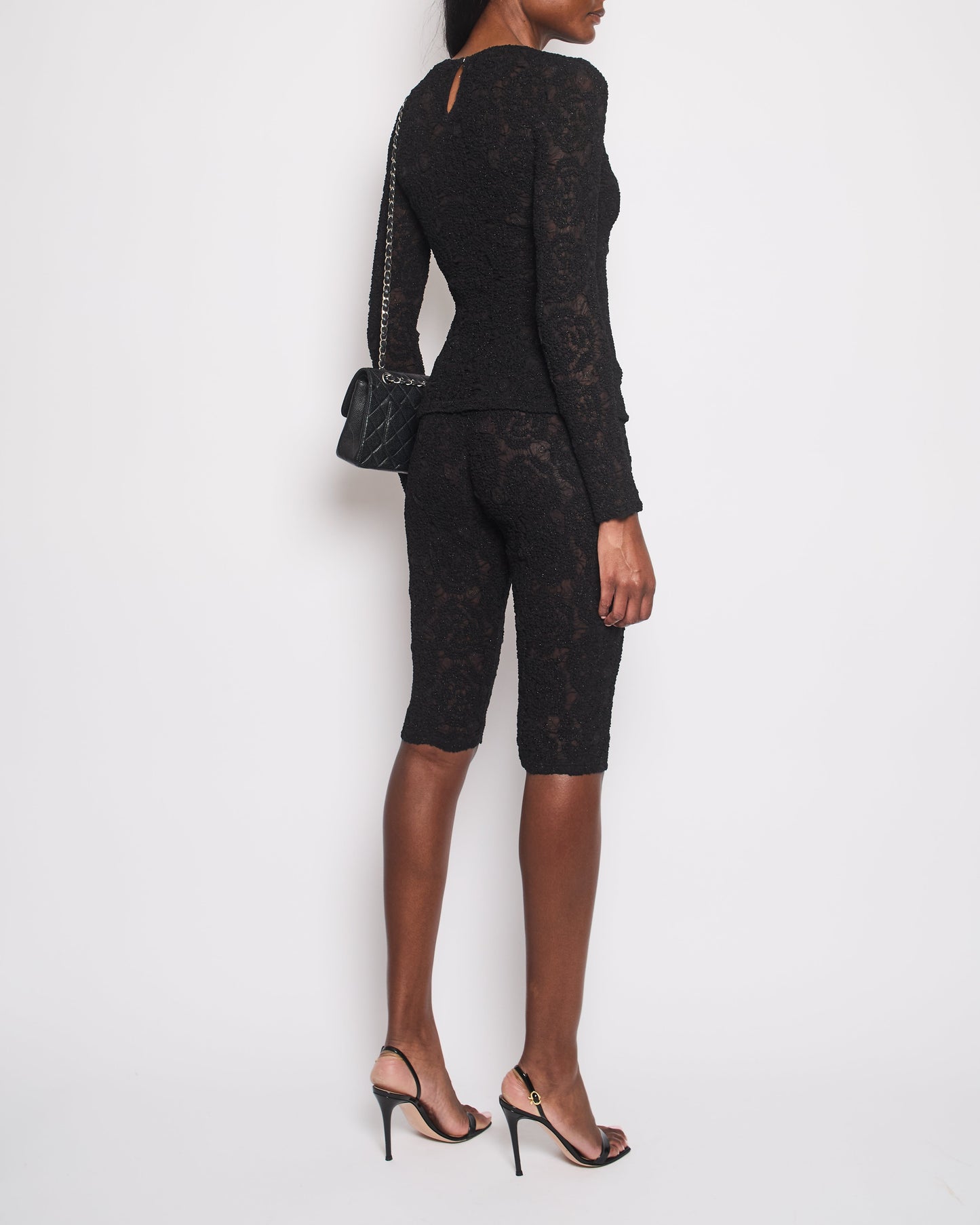 Chanel Black Lace Tulle Top and Cyclist Shorts Set with Camelia Details and Crystal CC Logos Size FR 34 (UK 6)