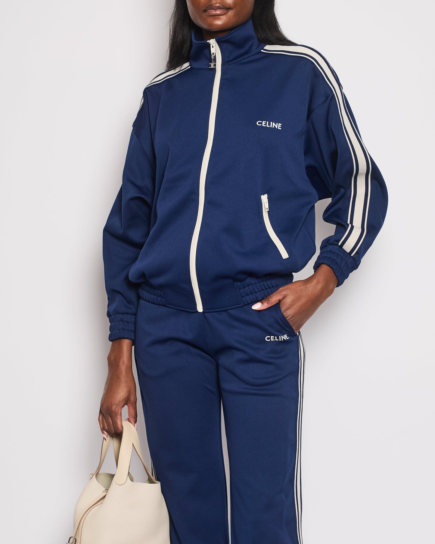 Celine Blue Two-Piece Tracksuit Set with Logo and Stripe Trim Size XS/S (UK 8/10) RRP 2100£
