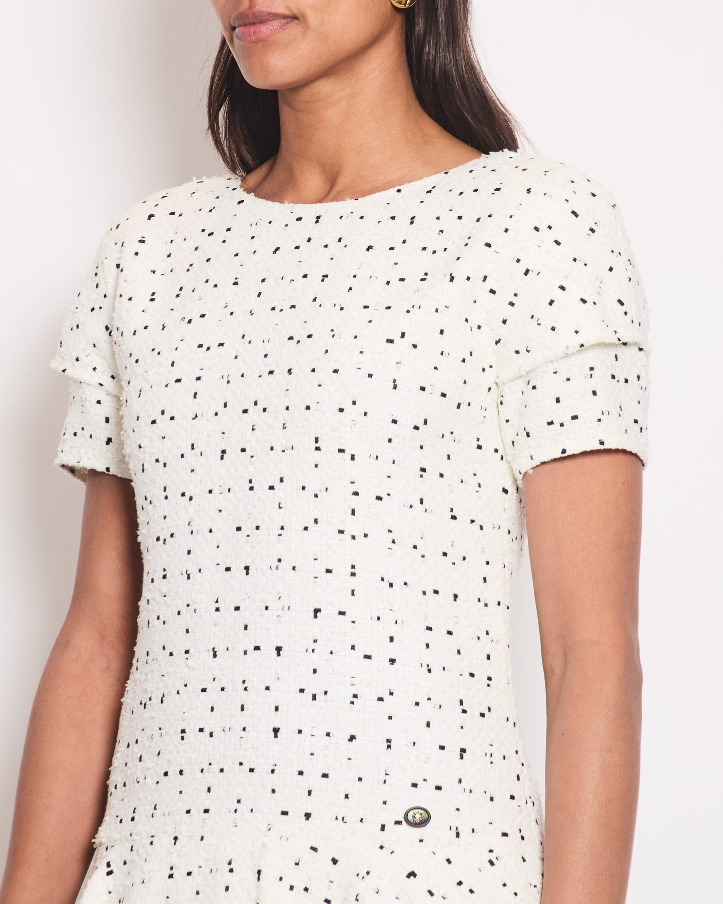 Chanel White & Black Tweed Mini Dress With Frill Detail Skirt Size FR 38 (UK 10)