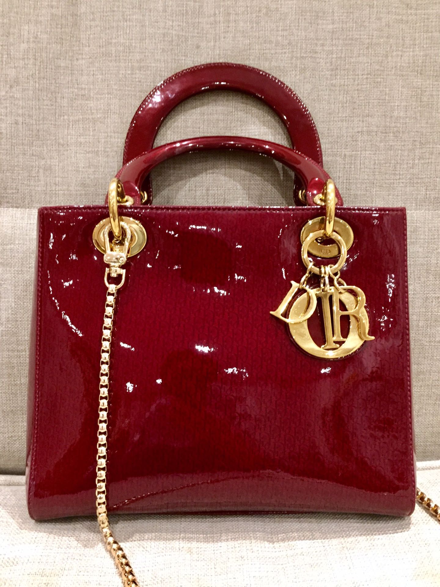 Lady Dior   Medium Red Patent Leather Monogram Embossed Handbag Gold Hardware