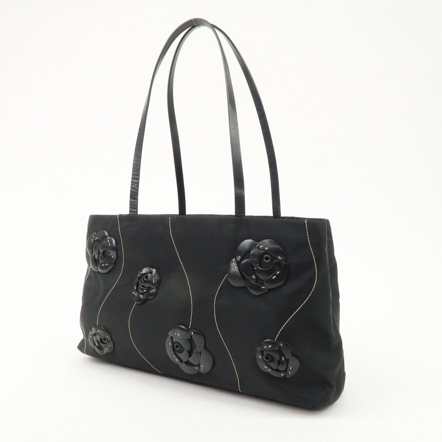 PRADA Traiangle Logo Nylon Leather Flower Tote Bag Black B11033  d