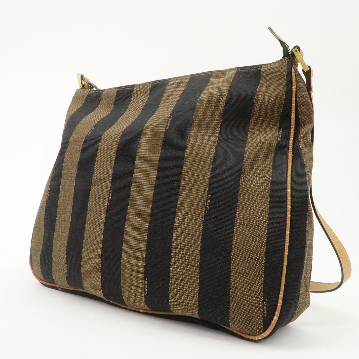 FENDI Pequin Canvas Leather Shoulder Bag Brown Black  d