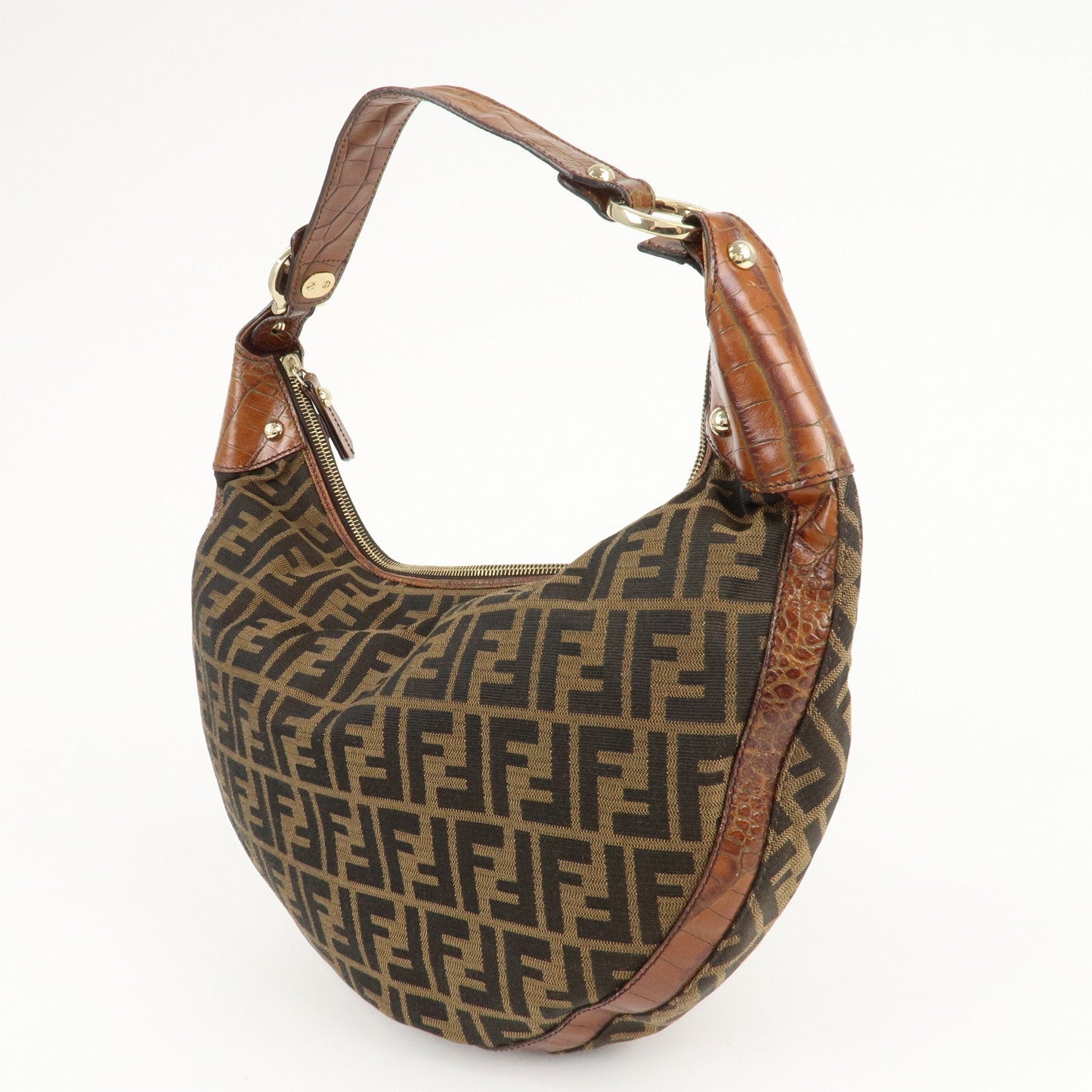 FENDI Zucca Canvas Embossed Leather Shoulder Bag Brown 8BR593  d