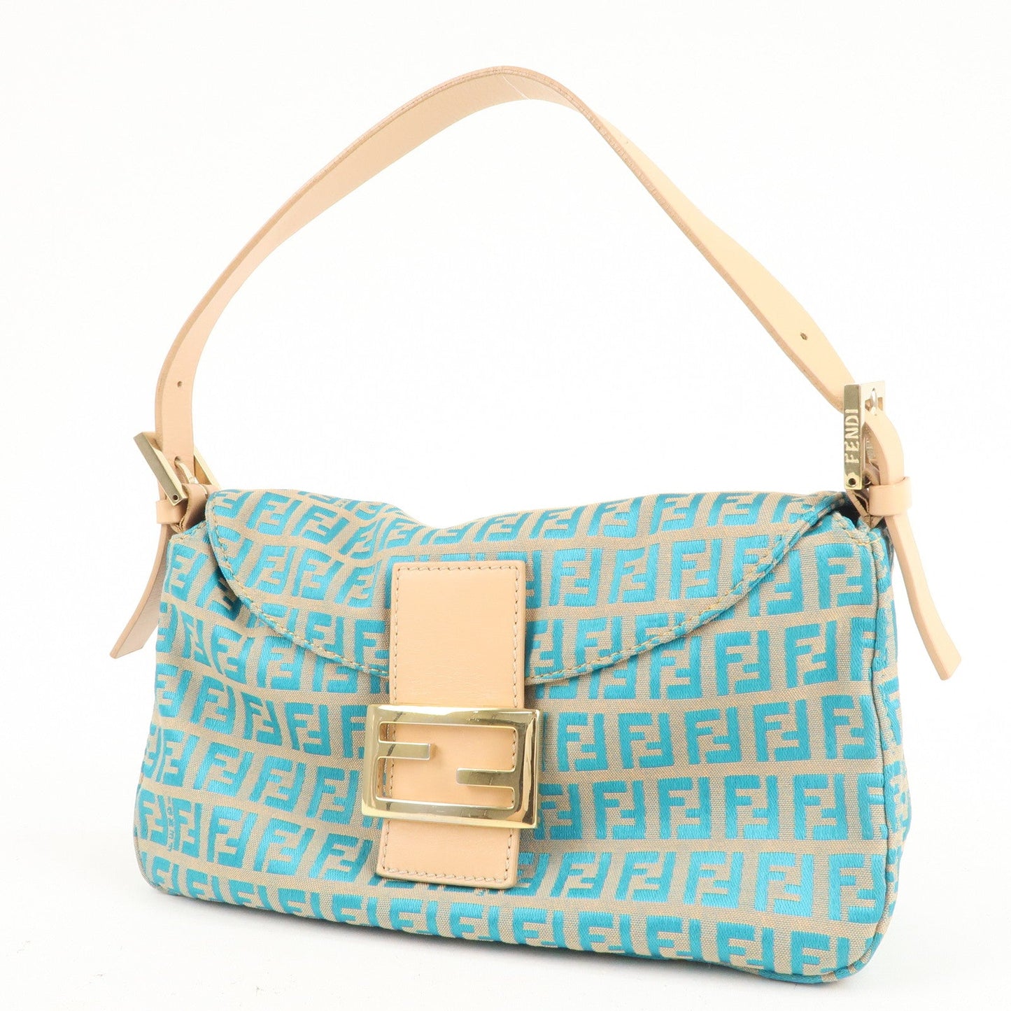 FENDI Zucchino Mamma Baguette Canvas Leather Bag Blue Beige 8BR003
