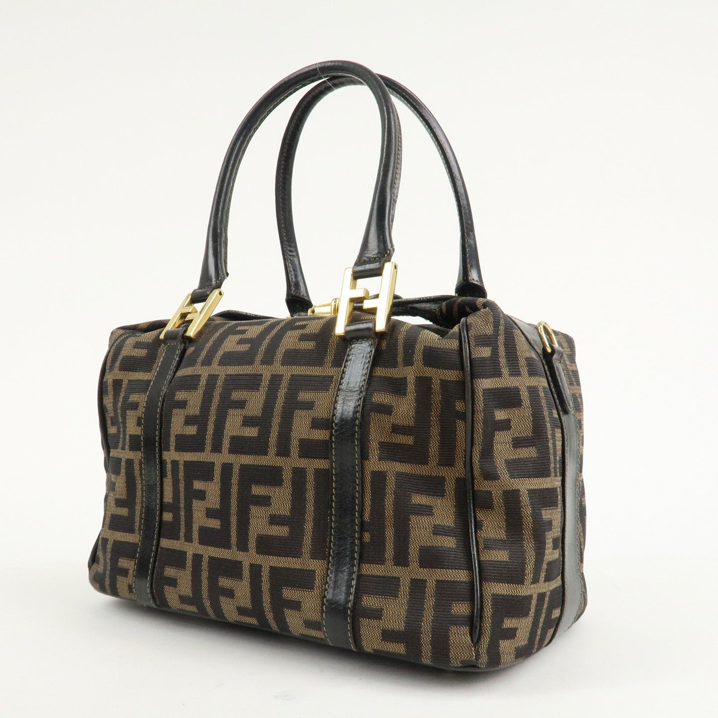 FENDI Zucca Canvas Leather Boston Bag Hand Bag Brown Black  d
