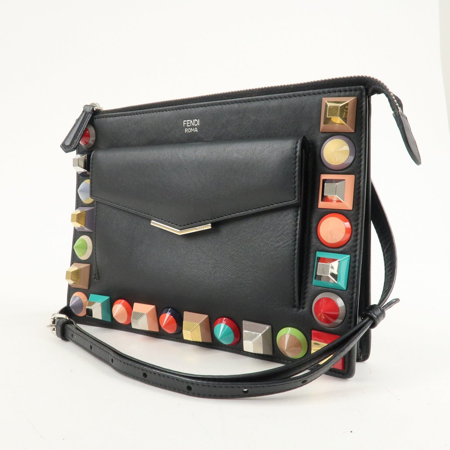 FENDI Leather Toujours Multi-Studs Shoulder Bag Black 8M0369  d
