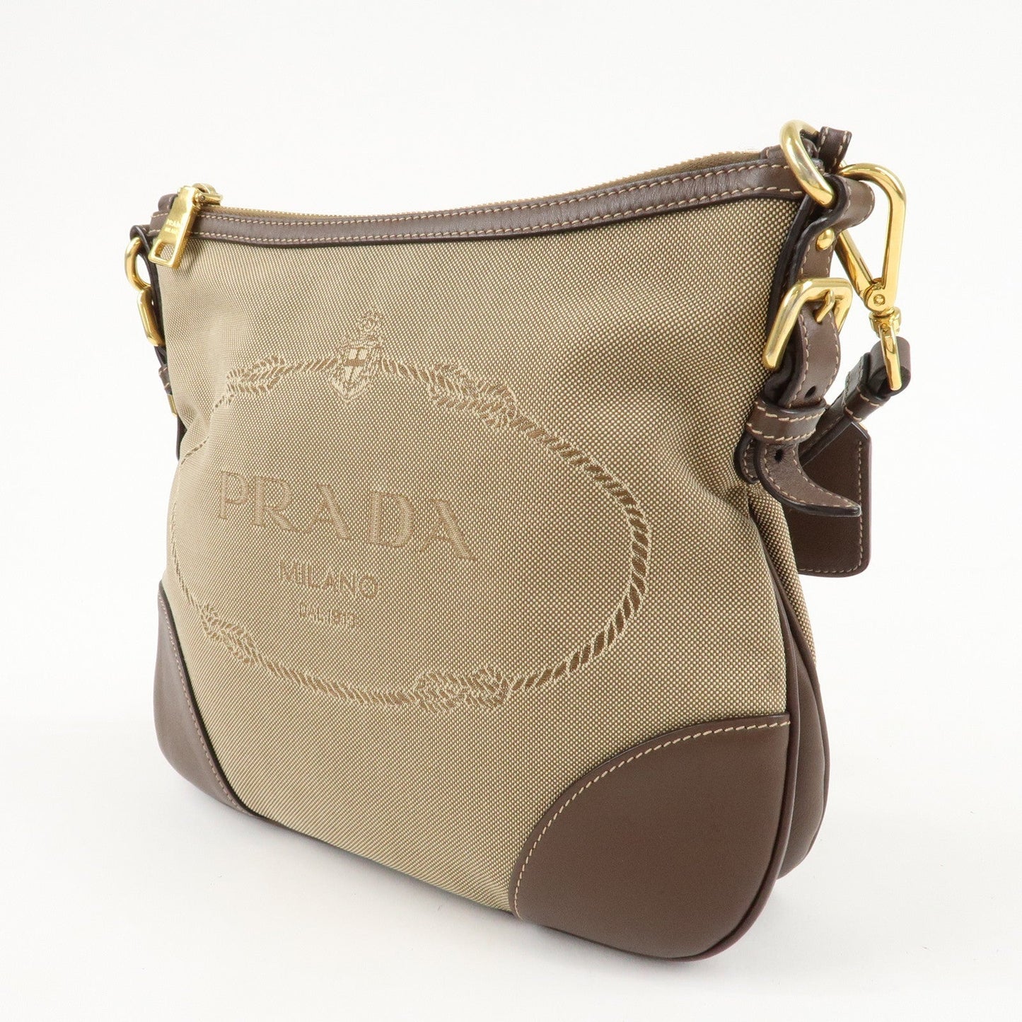 PRADA Jacquard Leather Shoulder Crossbody Bag Beige Brown BT867A  d
