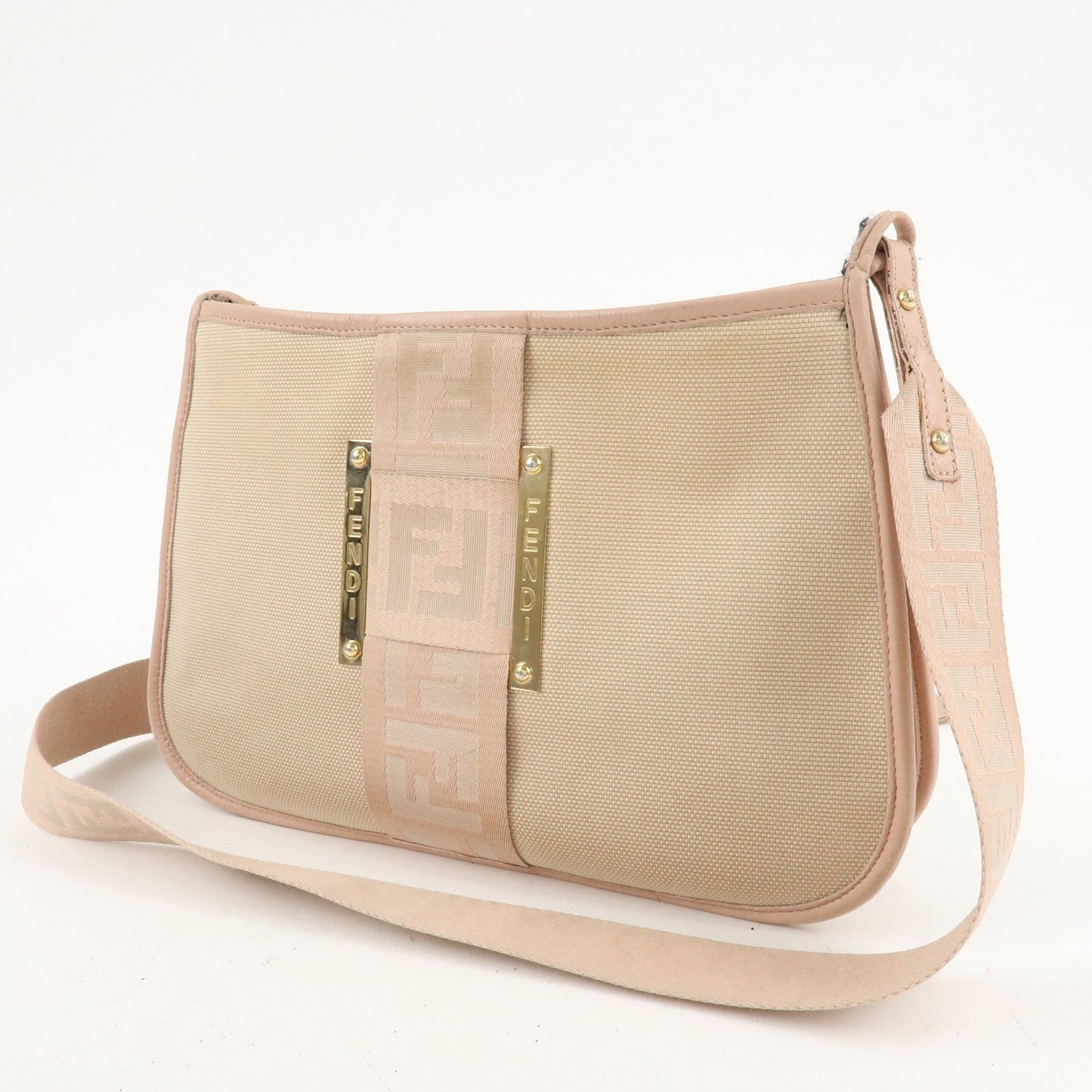 FENDI Logo Canvas Leather Shoulder Bag Beige Pink 8BT084  d