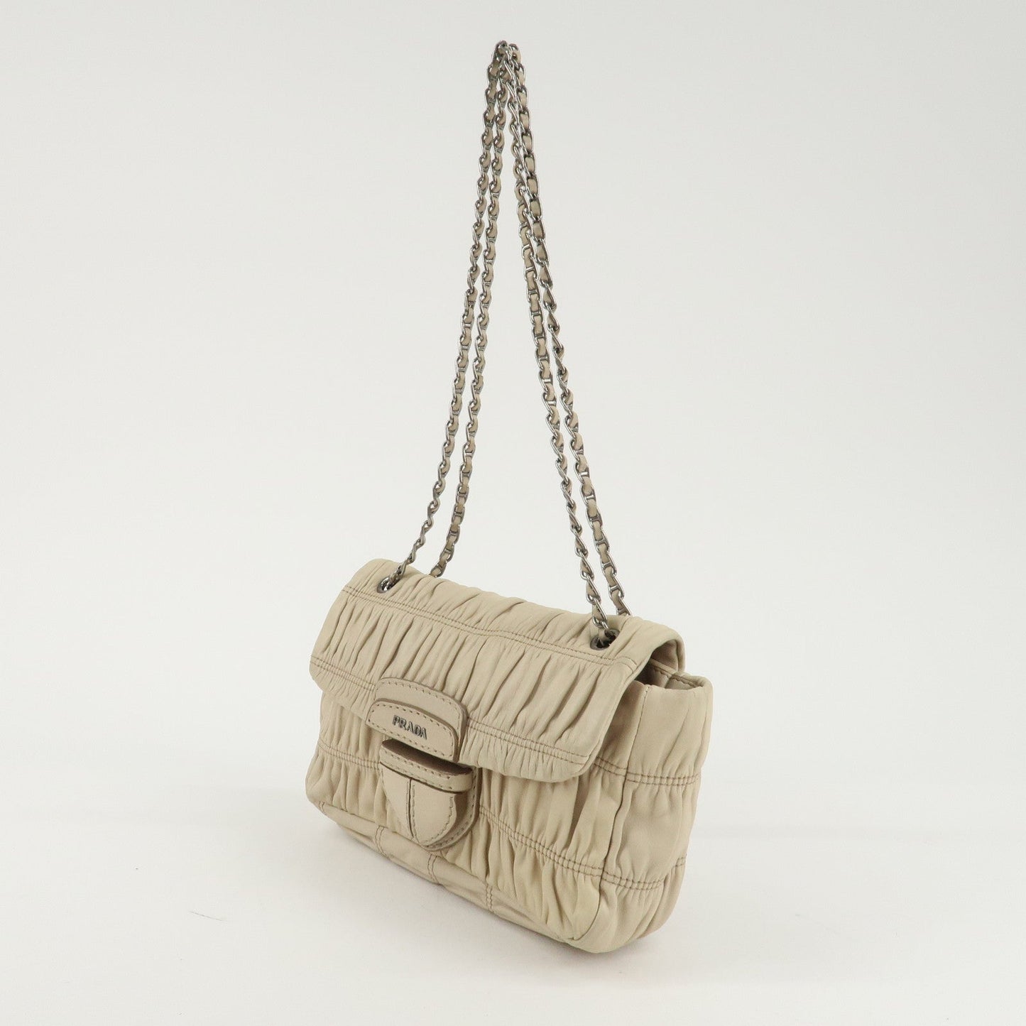 PRADA Leather Gathered Chain Shoulder Bag Ivory B4695C  d