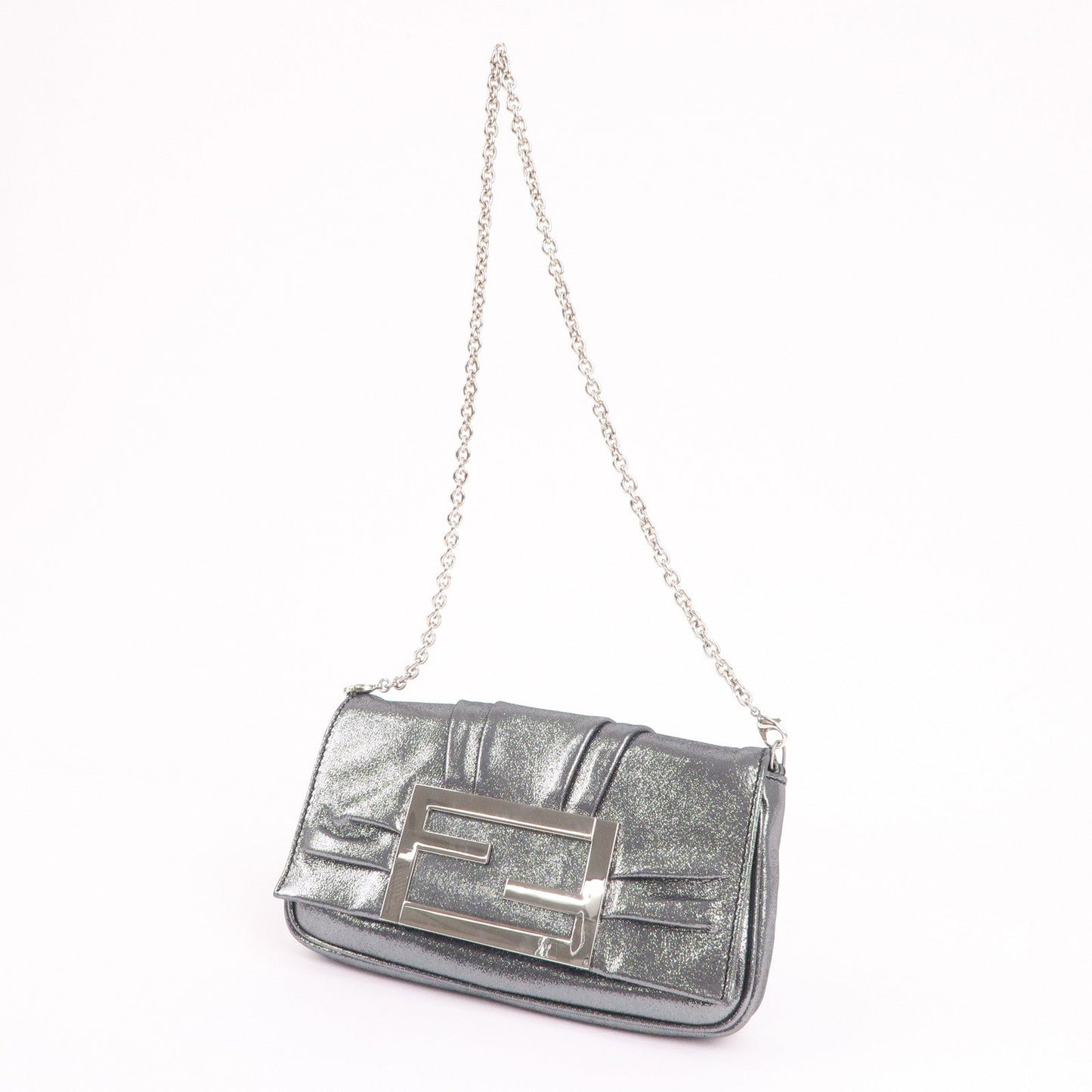 FENDI Satin Canvas Metallic Mia Chain Shoulder Bag Silver 8BP046