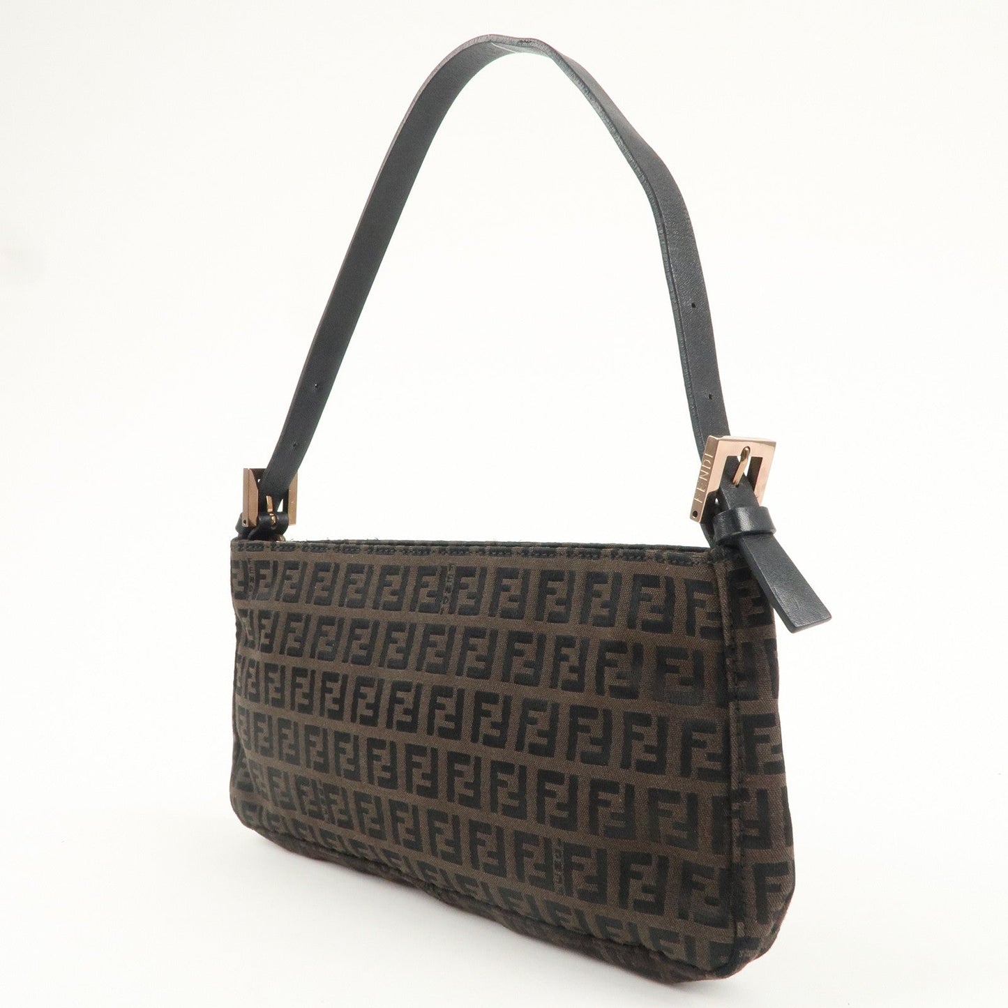 FENDI Zucchino Print Canvas Leather Shoulder Bag Brown 8BR042