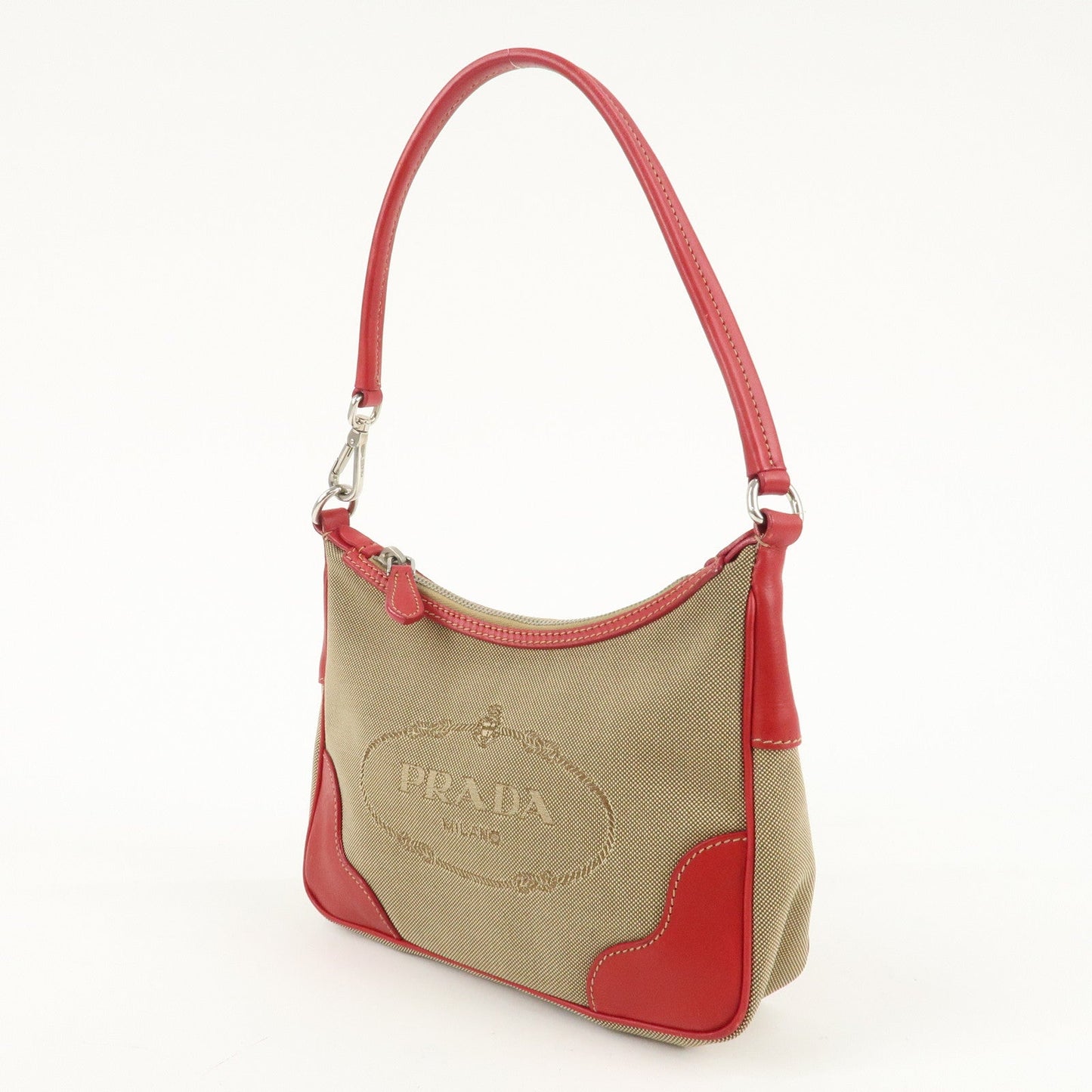 PRADA Logo Jacquard Leather Shoulder Bag Beige Red  d