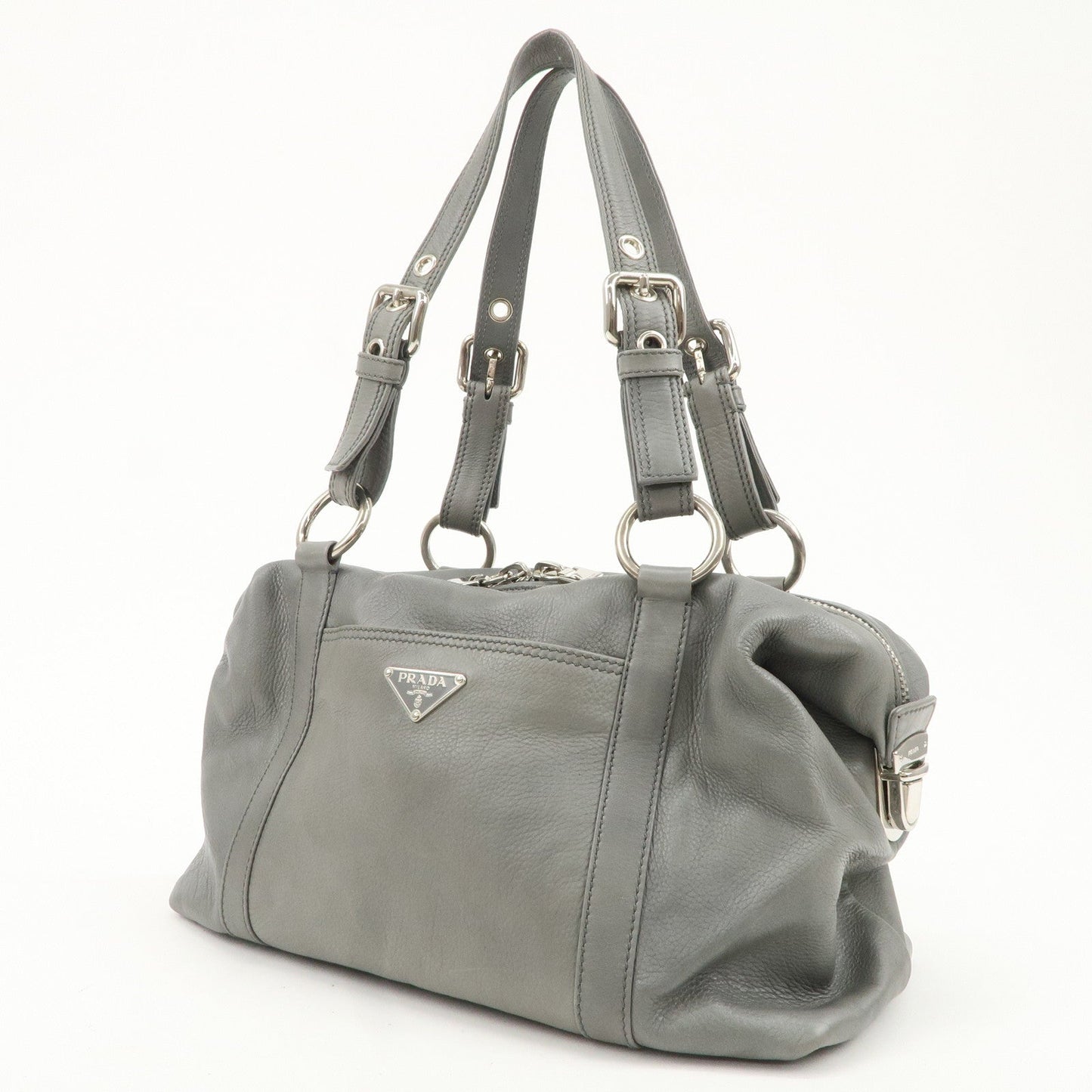 PRADA Leather Boston Bag Shoulder Bag Gray Silver Hardware  d