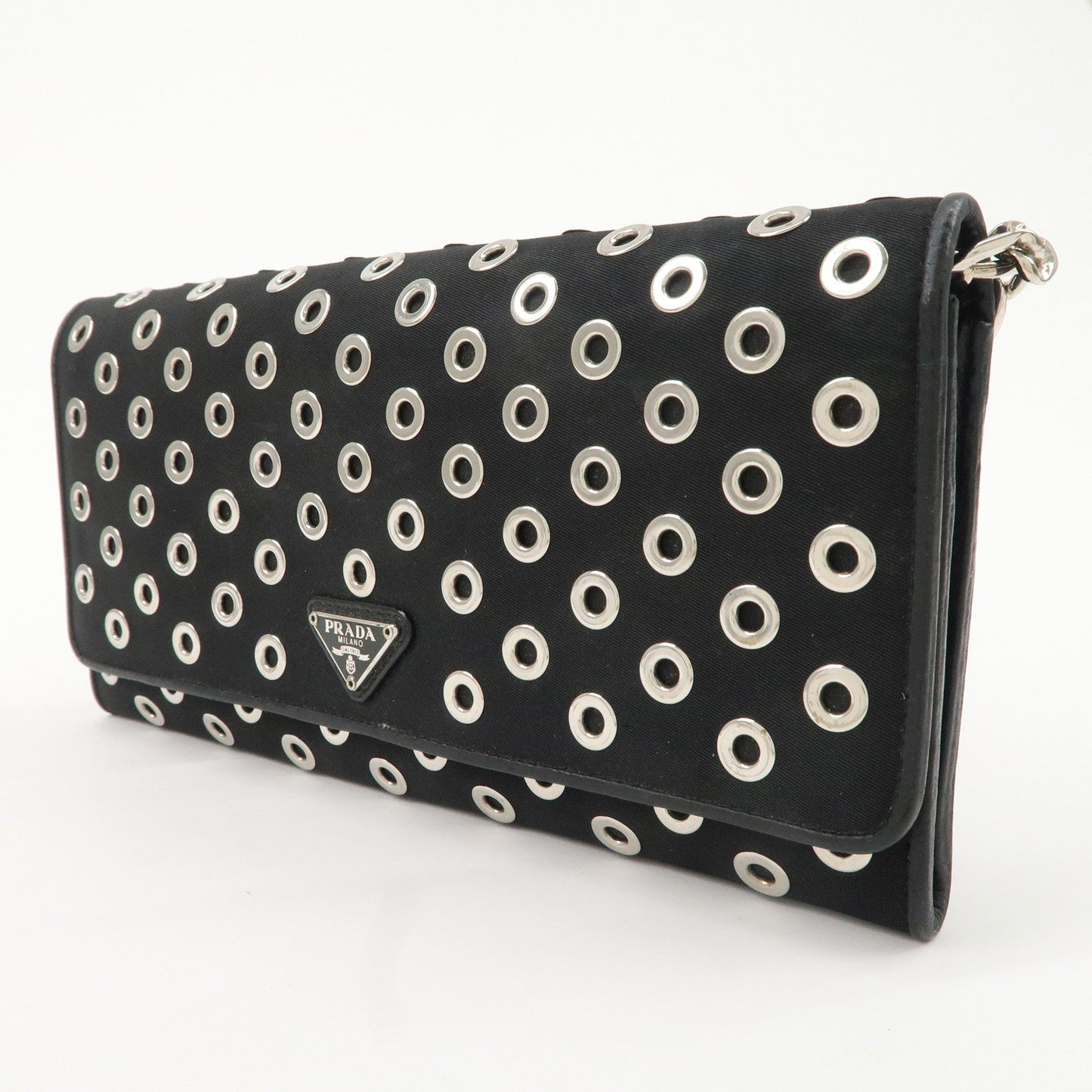 PRADA Grommet Nylon Leather Chain Long Wallet Black Silver HDW  d