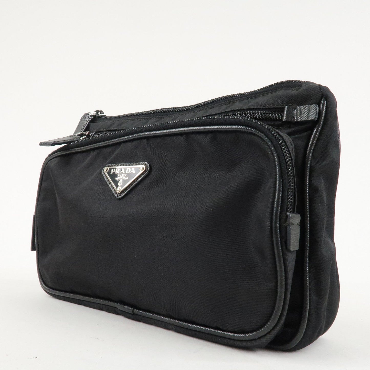 PRADA Logo Nylon Leather Clutch Bag Travel Pouch Black  d