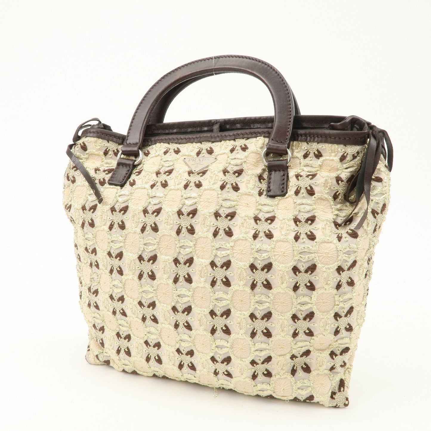 PRADA Tweed Flower Embroidery Tote Bag Beige Gold Dark Brown  d
