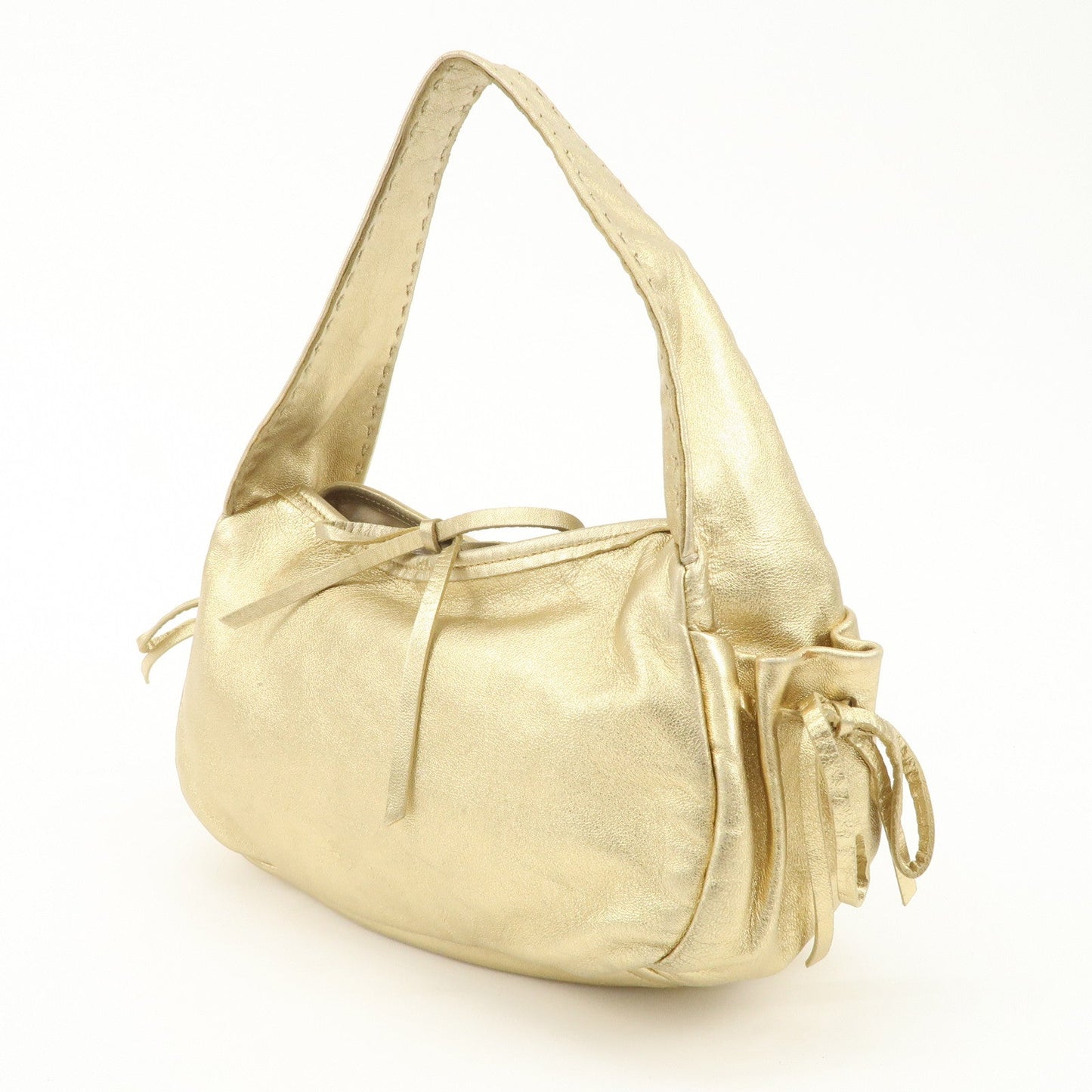 PRADA Leather Ribbon Hand Bag Shoulder Bag Gold  d